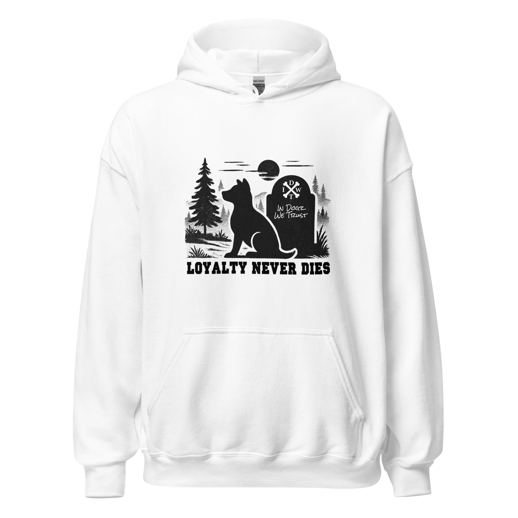 Loyalty Never Dies Hoodie - White - Dog Howling at the Moon Design - In Dogz We Trust