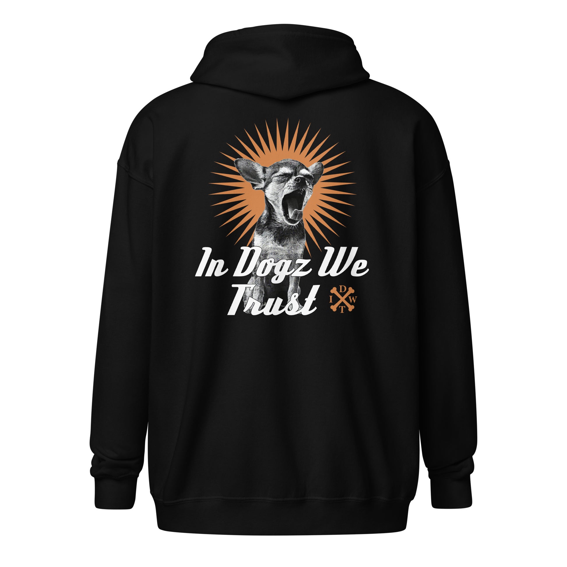 Perro Loco - Unisex Zip-Up Hoodie - Black with Chihuahua Design - In Dogz We Trust - Back View