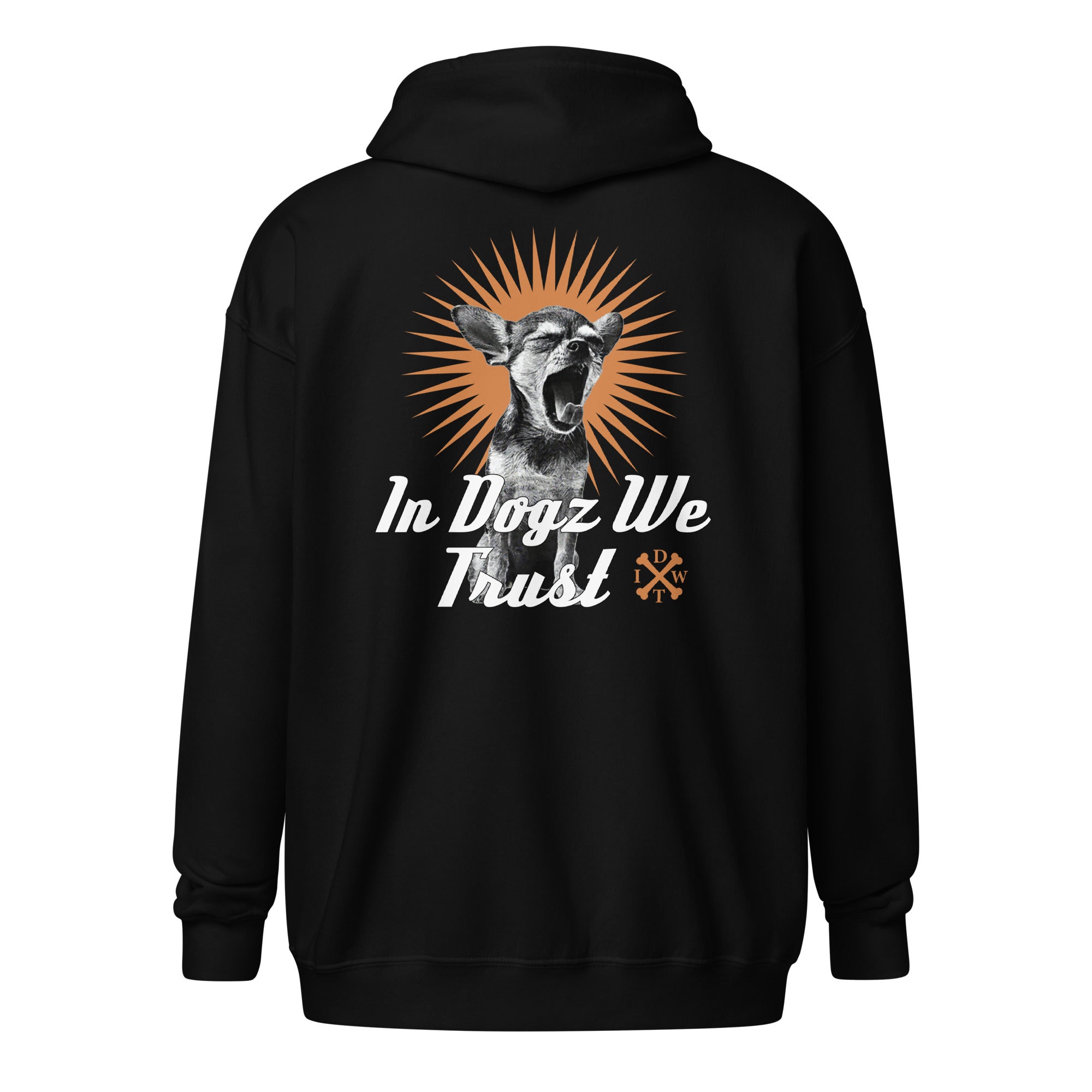 Perro Loco - Unisex Zip-Up Hoodie - Black with Chihuahua Design - In Dogz We Trust - Back View
