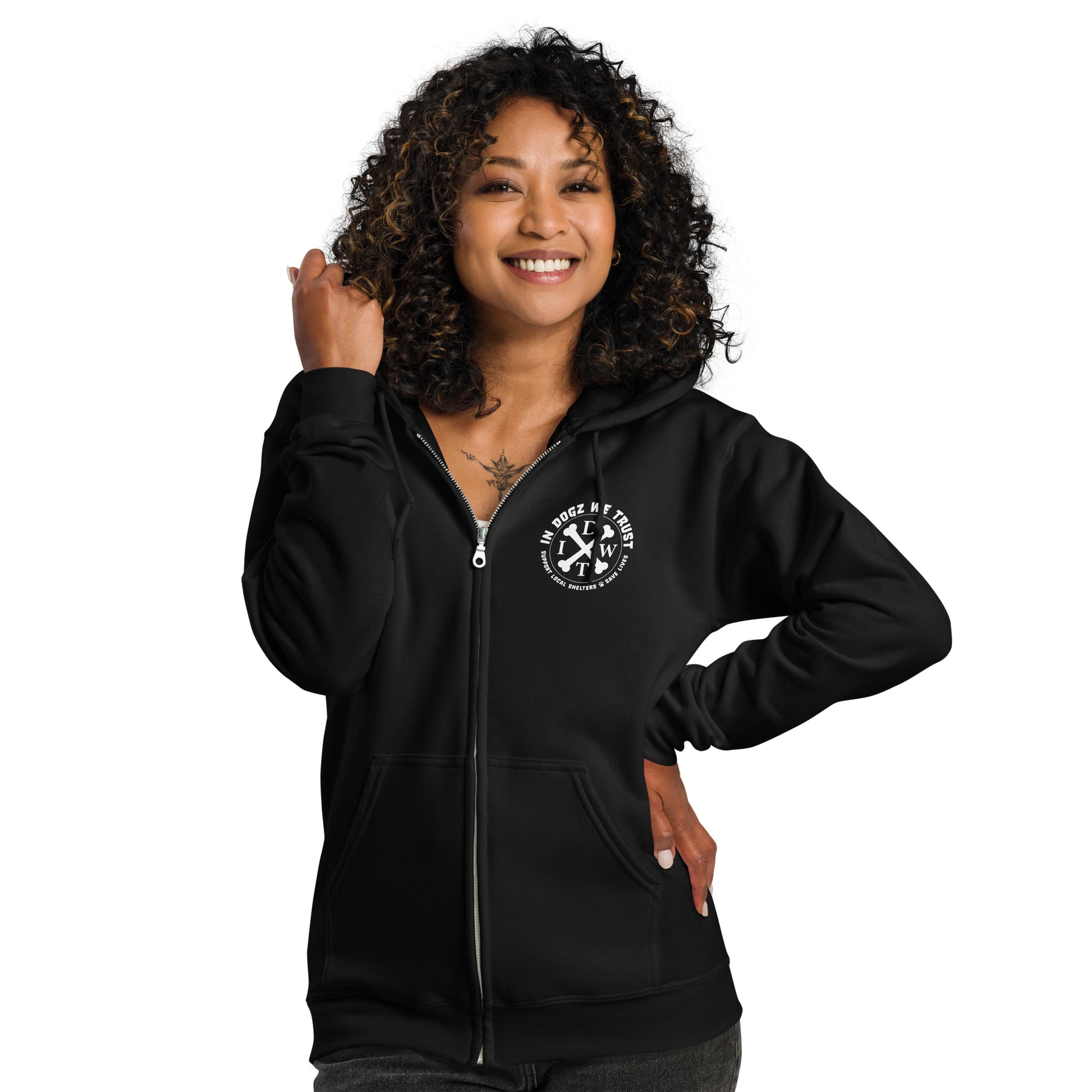 Perro Loco - Unisex Zip-Up Hoodie - Black with Chihuahua Design - In Dogz We Trust - Female Model - Front View