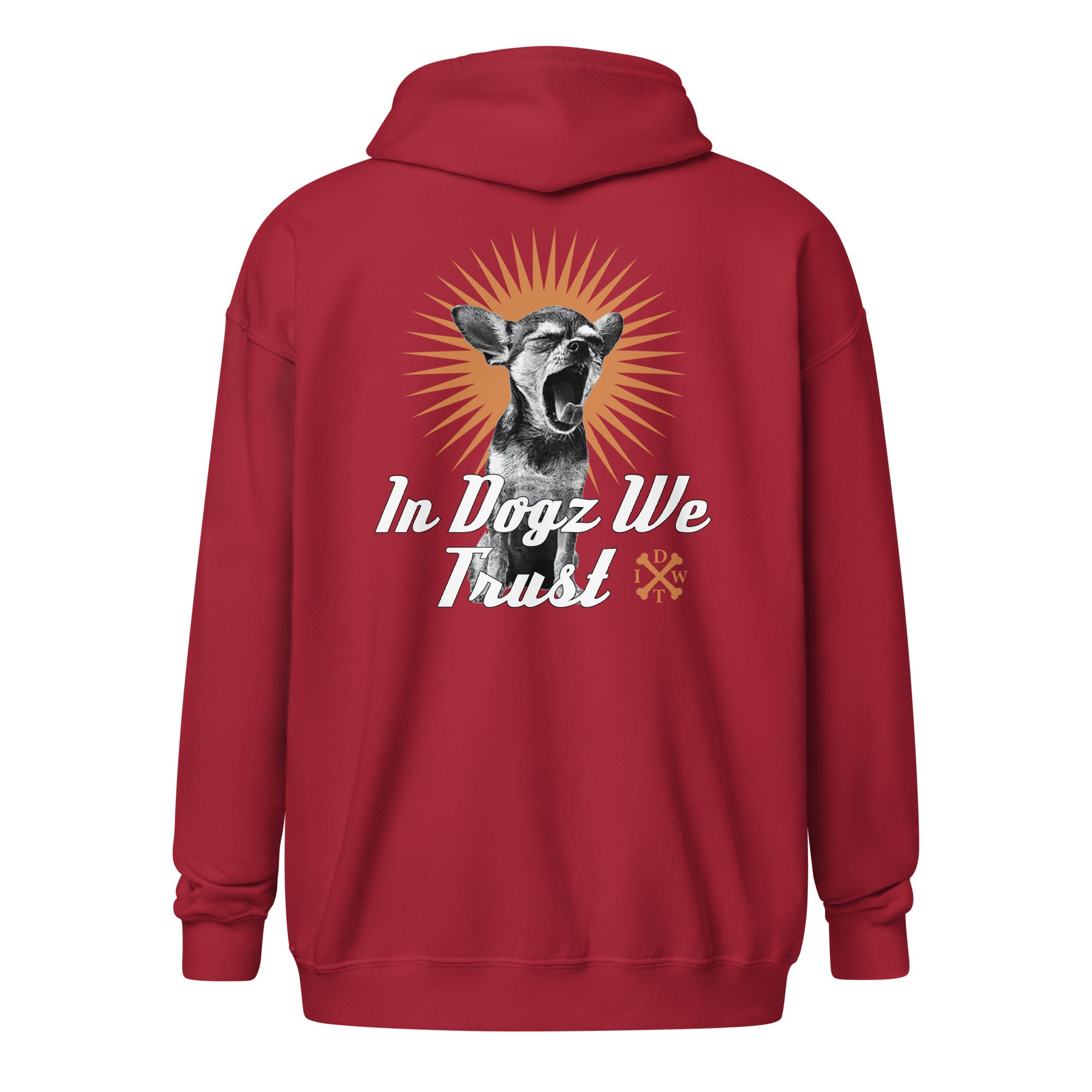 Perro Loco - Unisex Zip-Up Hoodie - Cardinal Red with Chihuahua Design - In Dogz We Trust - Back View