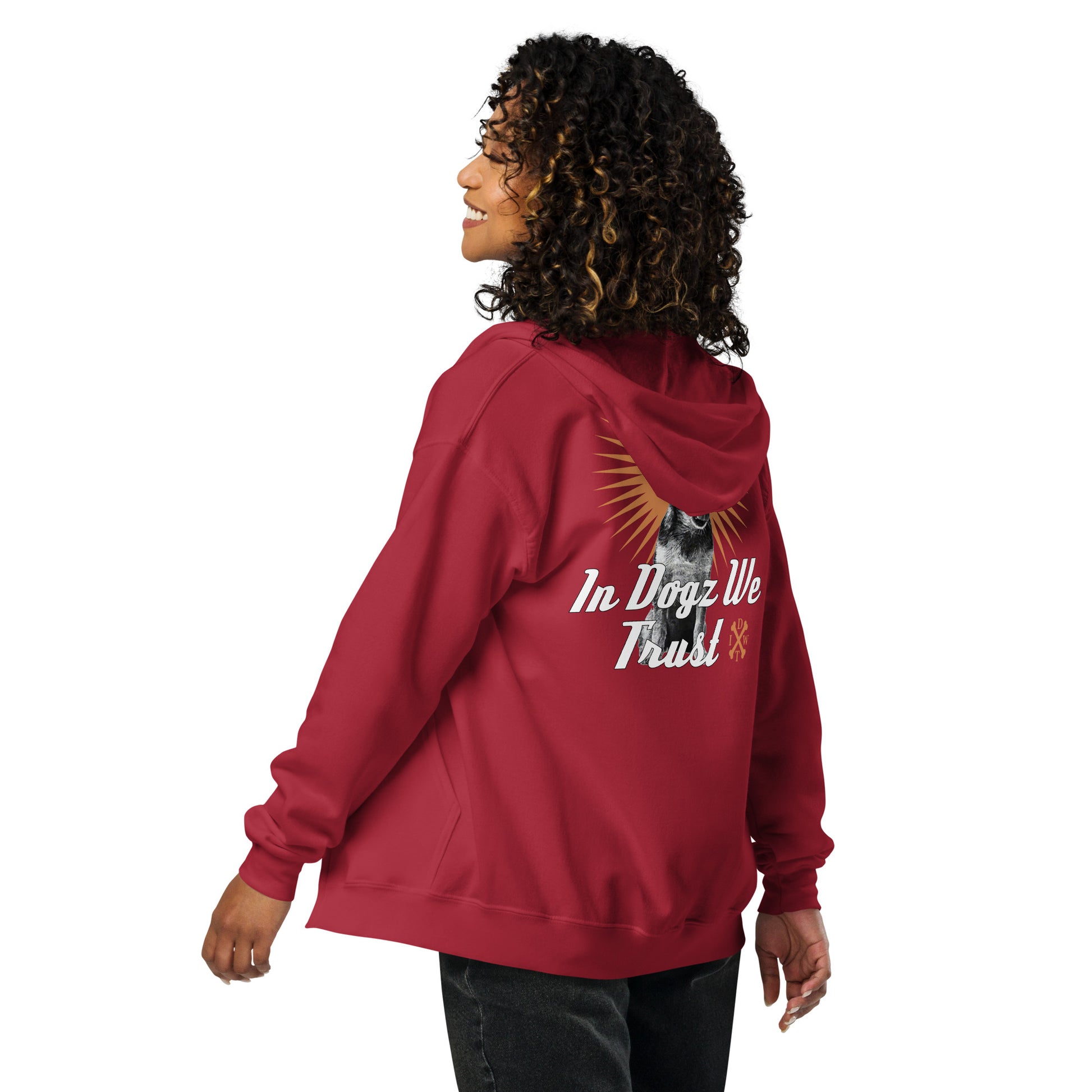 Perro Loco - Unisex Zip-Up Hoodie - Cardinal Red with Chihuahua Design - In Dogz We Trust - Female Model - Back View