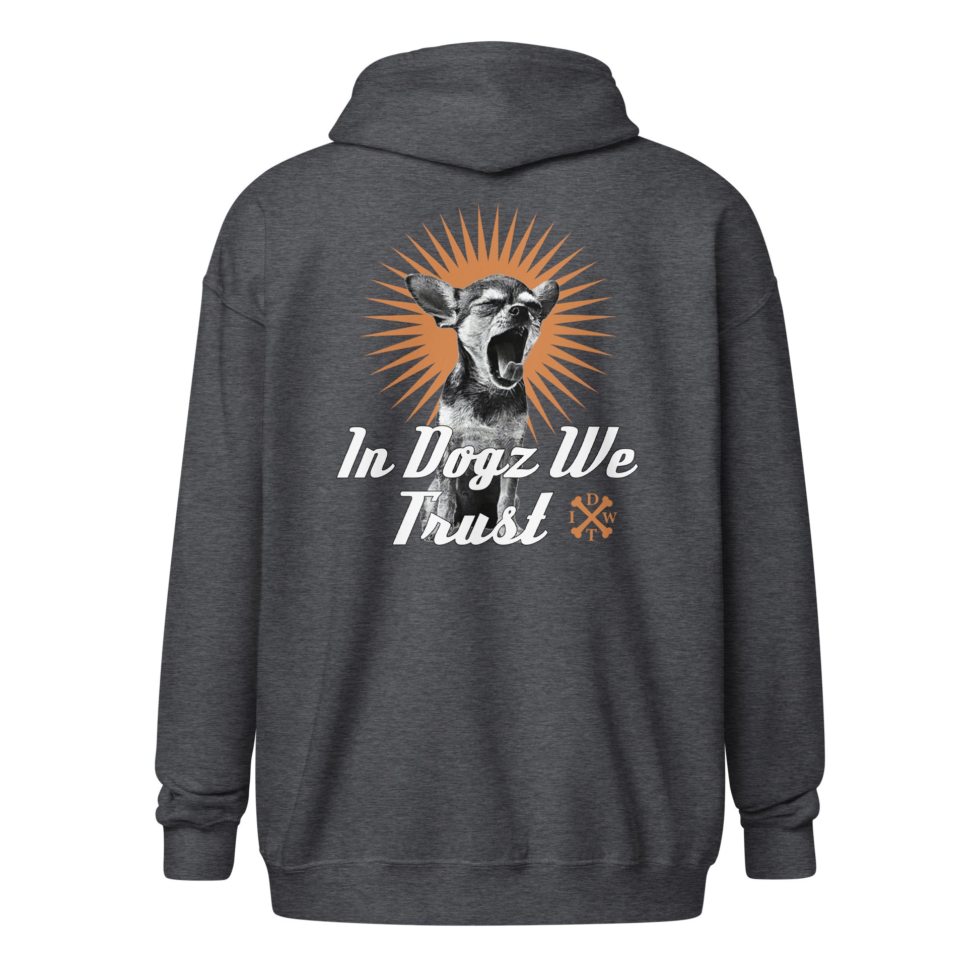 Perro Loco - Unisex Zip-Up Hoodie - Dark Heather Grey with Chihuahua Design - In Dogz We Trust - Back View