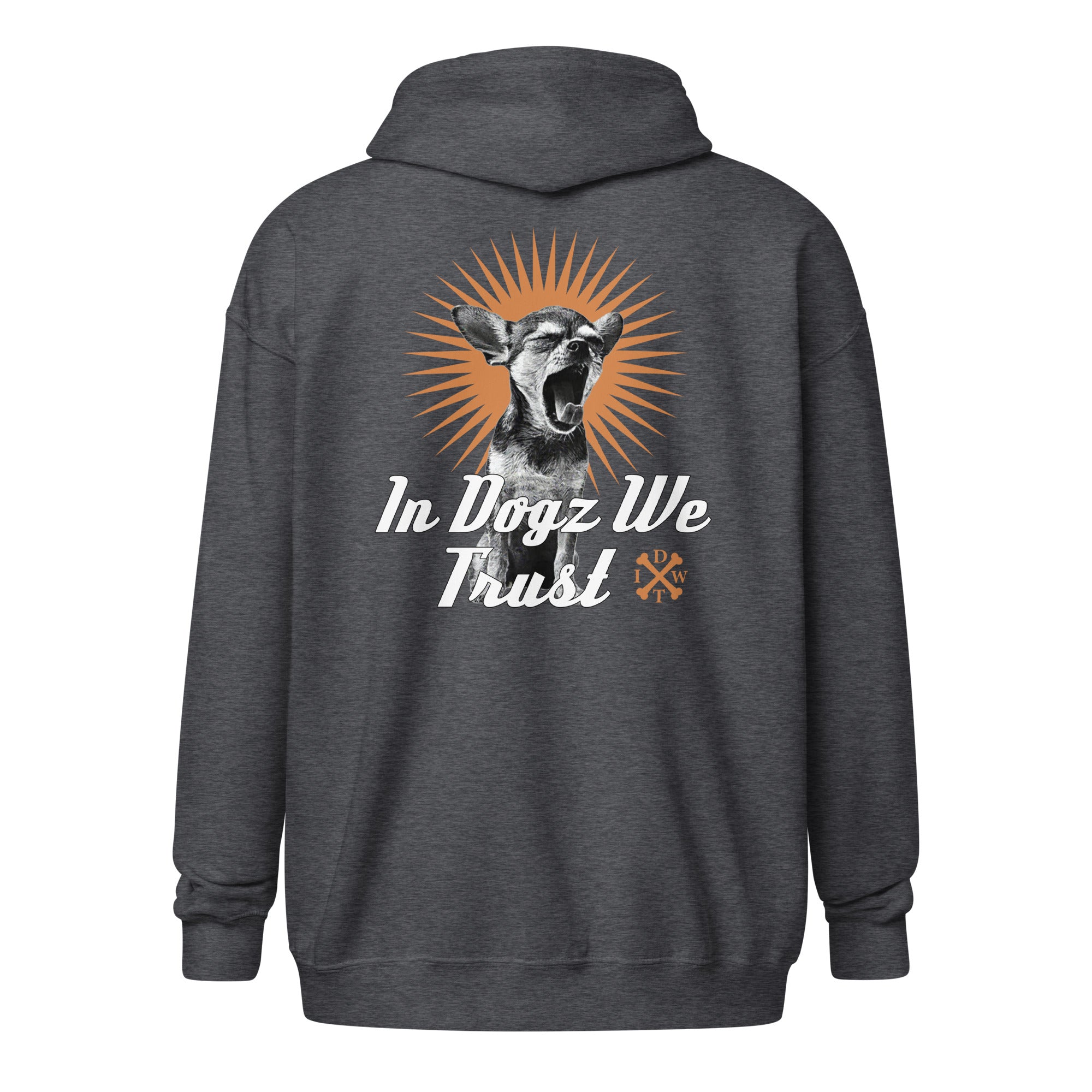 Perro Loco - Unisex Zip-Up Hoodie - Dark Heather Grey with Chihuahua Design - In Dogz We Trust - Back View
