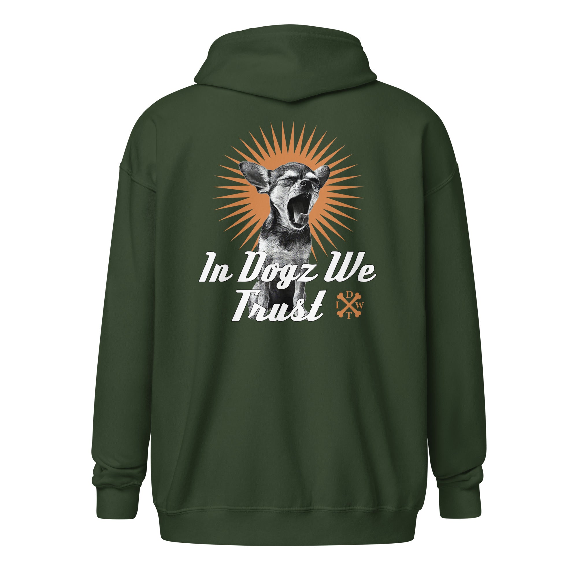 Perro Loco - Unisex Zip-Up Hoodie - Forest Green with Chihuahua Design - In Dogz We Trust - Back View