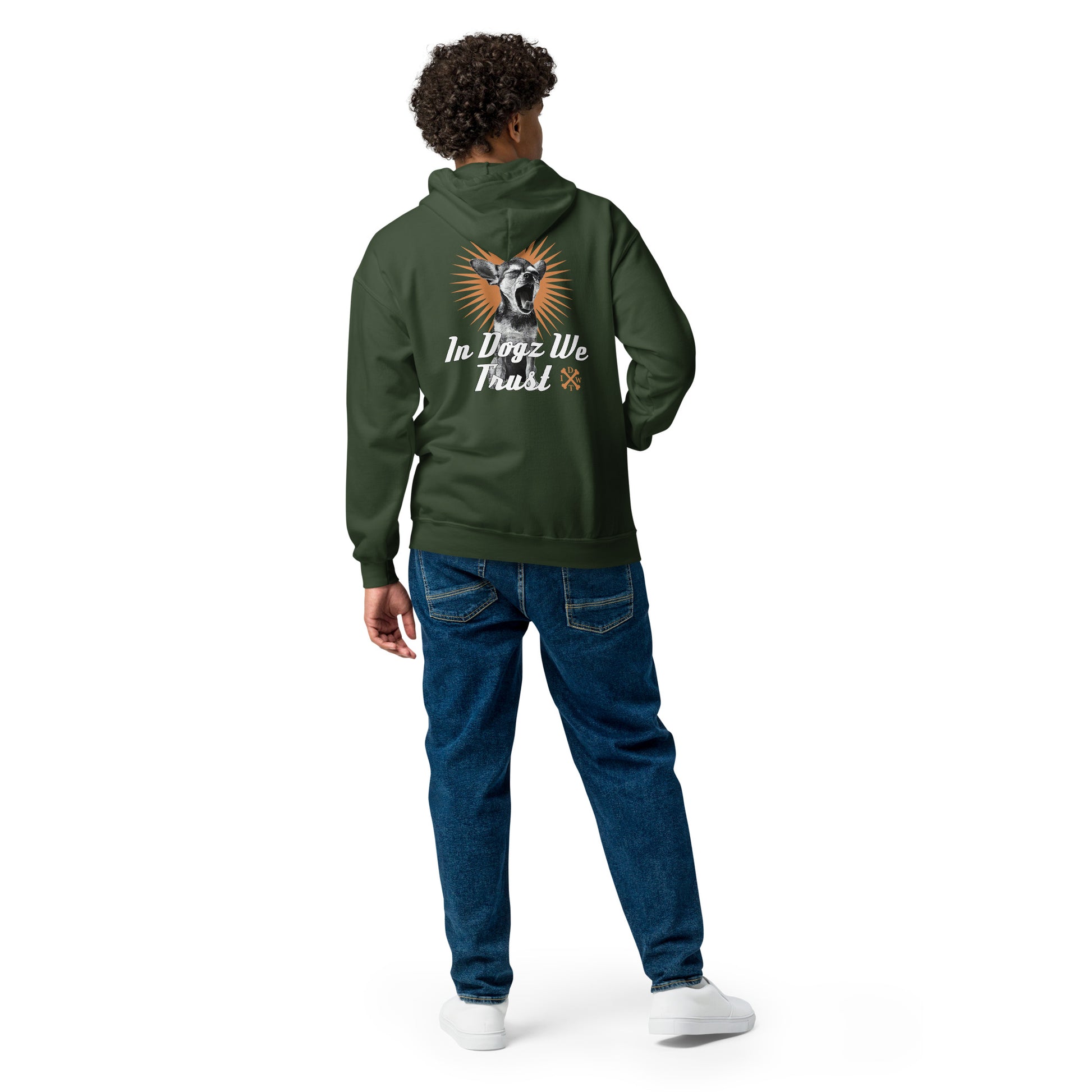 Perro Loco - Unisex Zip-Up Hoodie - Forest Green with Chihuahua Design - In Dogz We Trust - Male Model - Back View