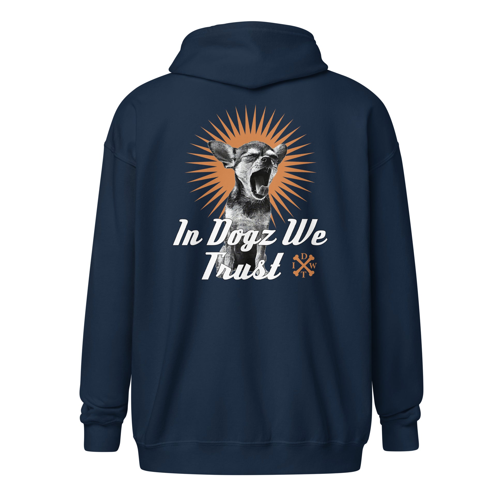 Perro Loco - Unisex Zip-Up Hoodie - Navy with Chihuahua Design - In Dogz We Trust - Back View