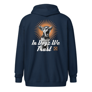 Perro Loco - Unisex Zip-Up Hoodie - Navy with Chihuahua Design - In Dogz We Trust - Back View