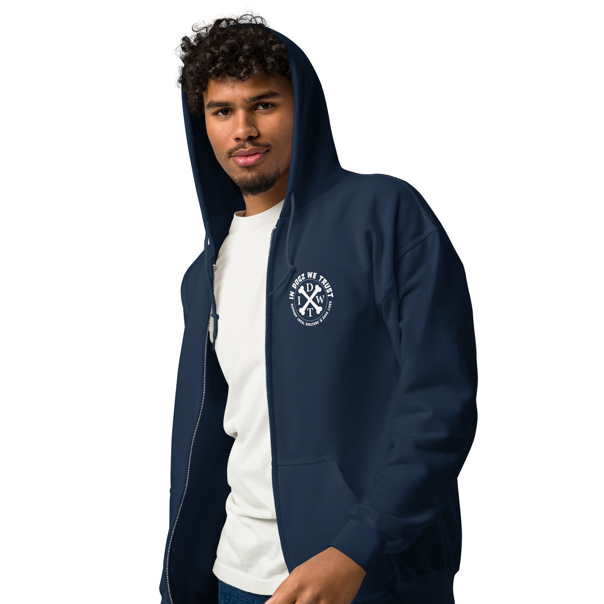 Perro Loco - Unisex Zip-Up Hoodie - Navy with Chihuahua Design - In Dogz We Trust - Male Model - Front View