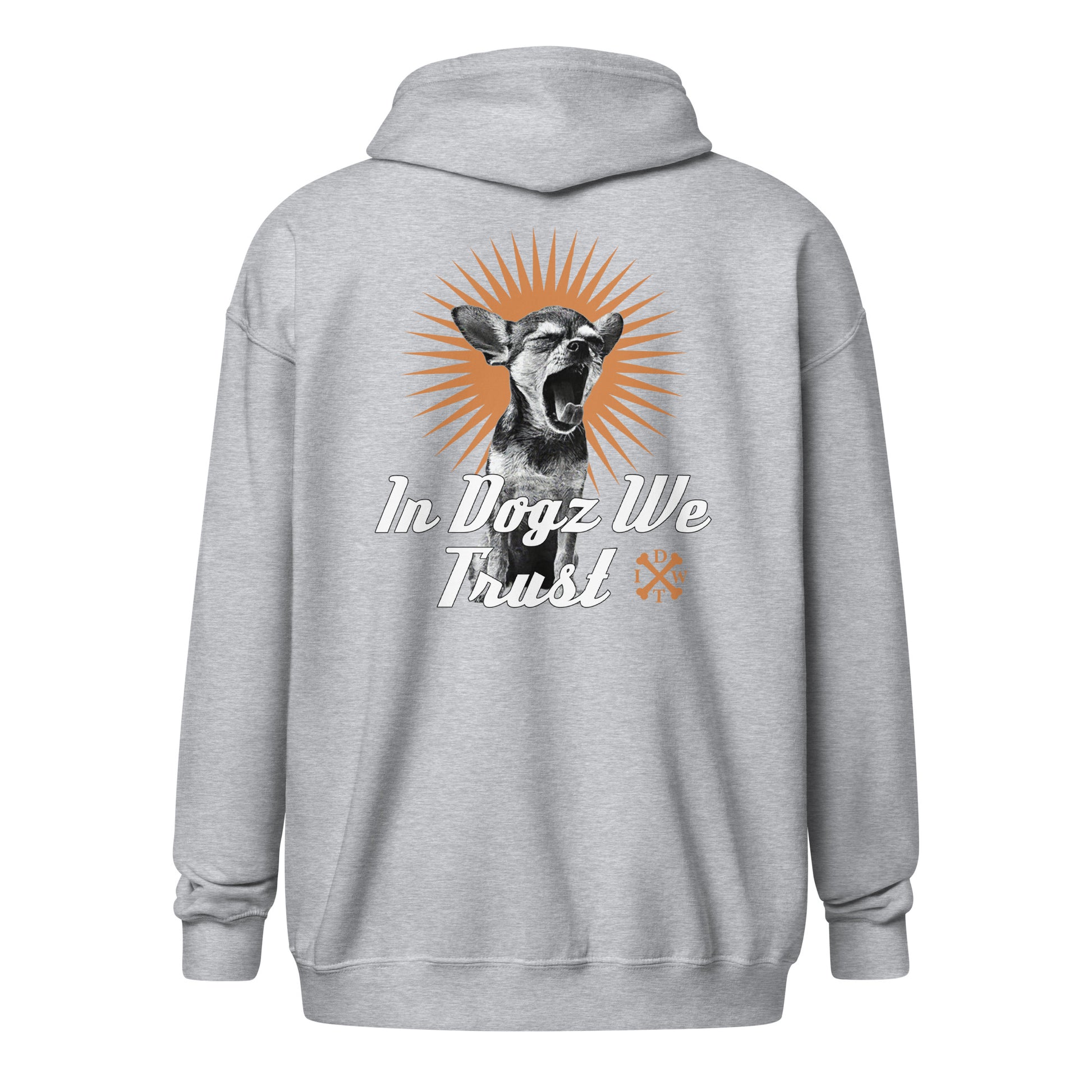 Perro Loco - Unisex Zip-Up Hoodie - Light Sport Grey with Chihuahua Design - In Dogz We Trust - Back View