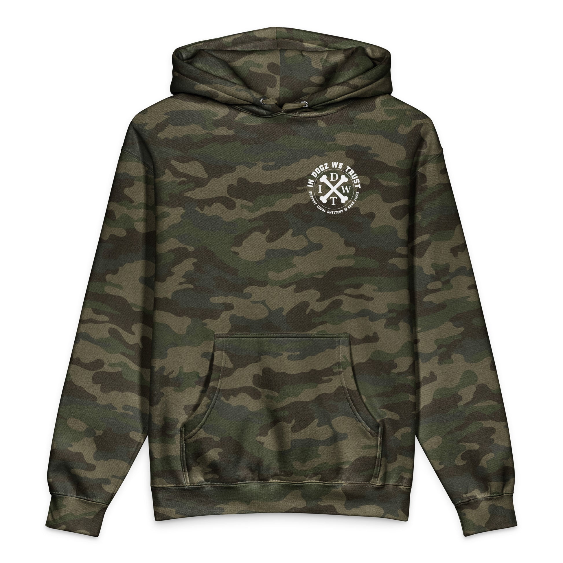 Camo Crossbones Hoodie - Forest Greens Camo - In Dogz We Trust - Front View