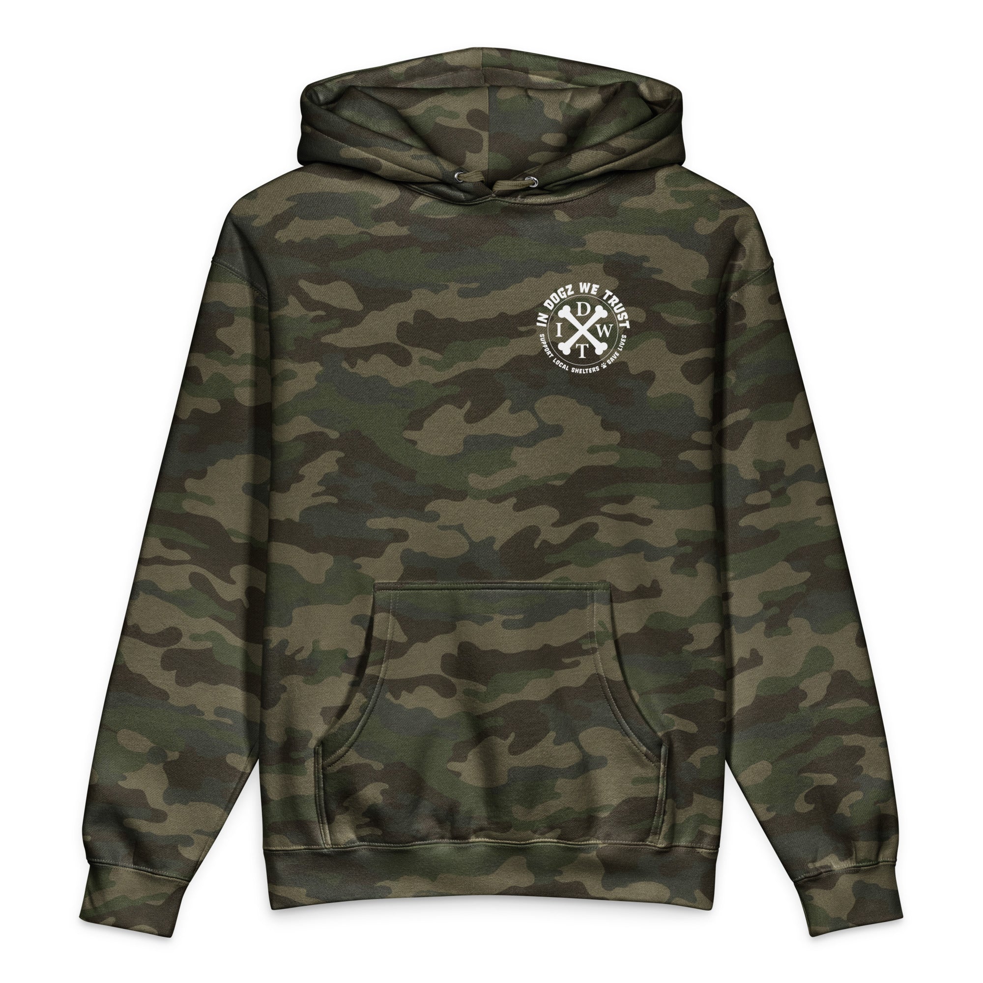 Camo Crossbones Hoodie - Forest Greens Camo - In Dogz We Trust - Front View