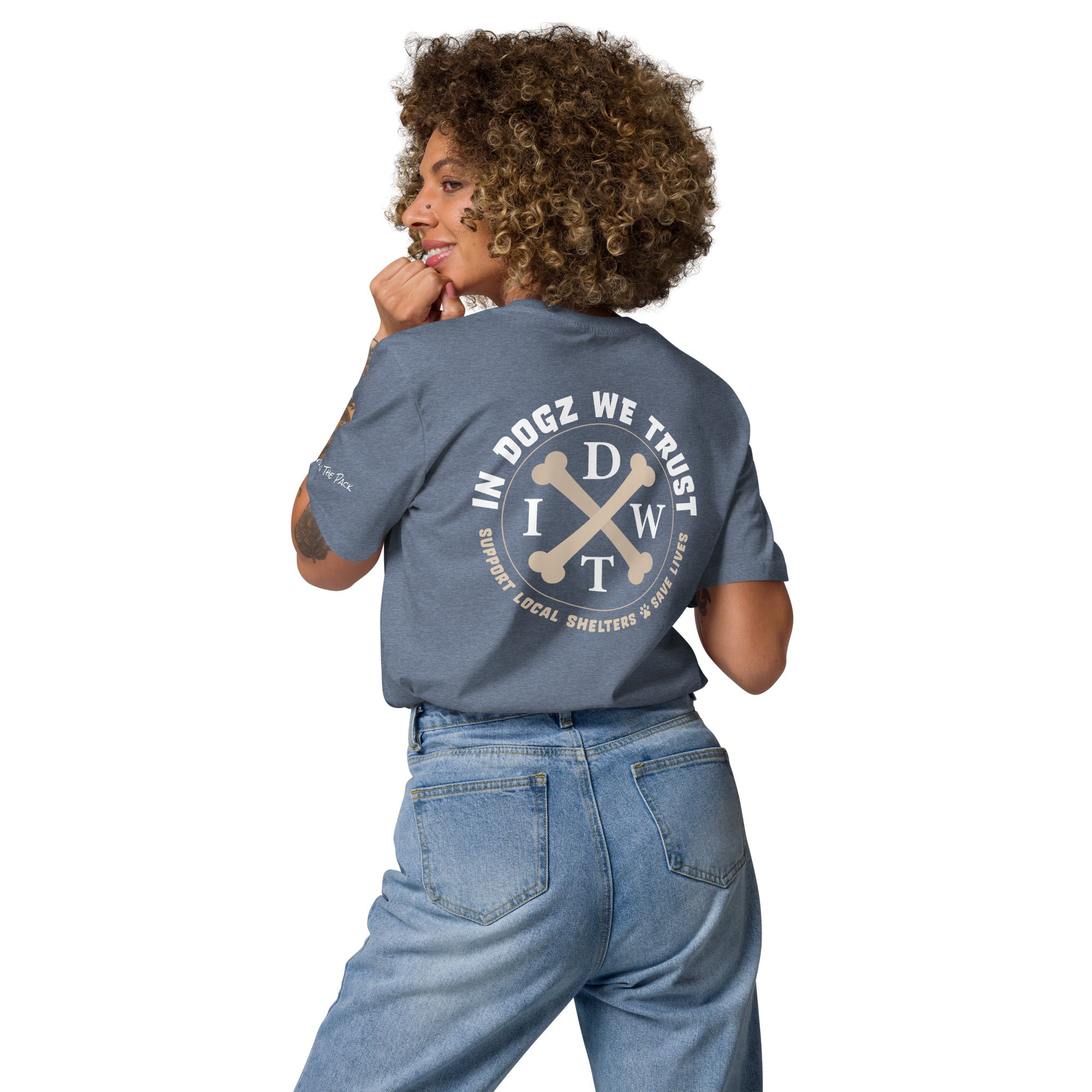 Alpha Proud Dog Mom - Women's Organic Cotton T-Shirt - Dark Heather Blue Color - In Dogz We trust - Female Model - Back View