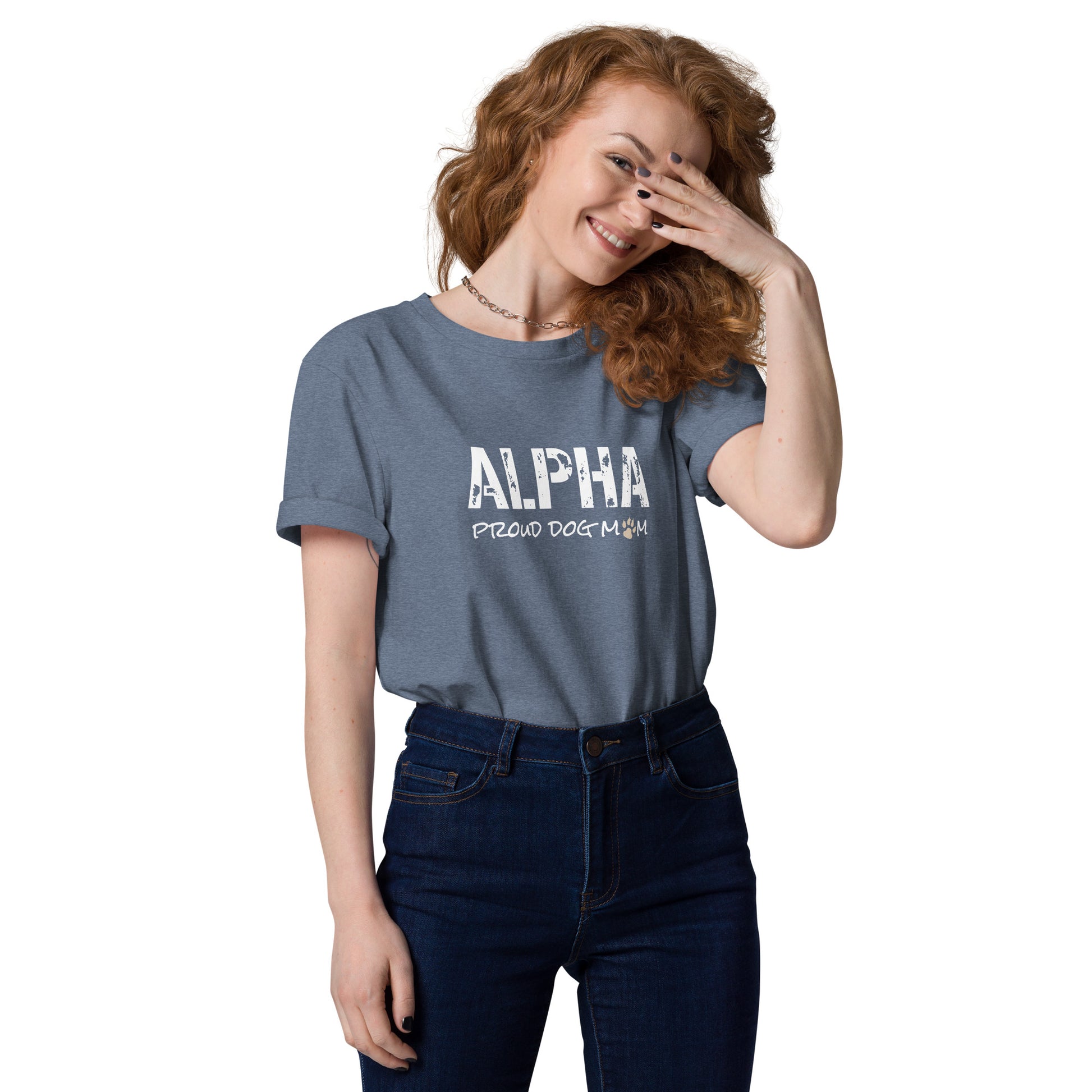 Alpha Proud Dog Mom - Women's Organic Cotton T-Shirt - Dark Heather Blue Color - In Dogz We trust - Female Model - Front View