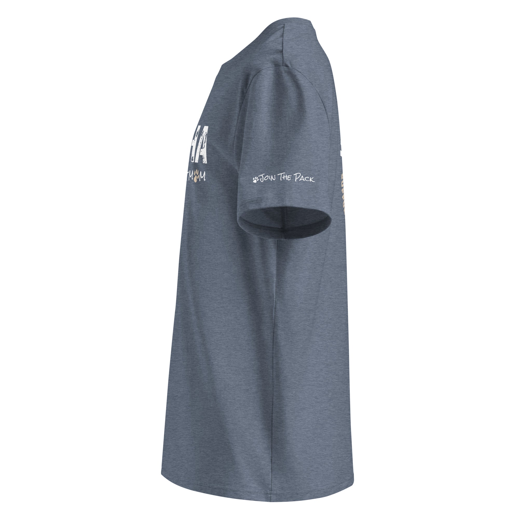 Alpha Proud Dog Mom - Women's Organic Cotton T-Shirt - Dark Heather Blue Color - In Dogz We trust - Left Side View
