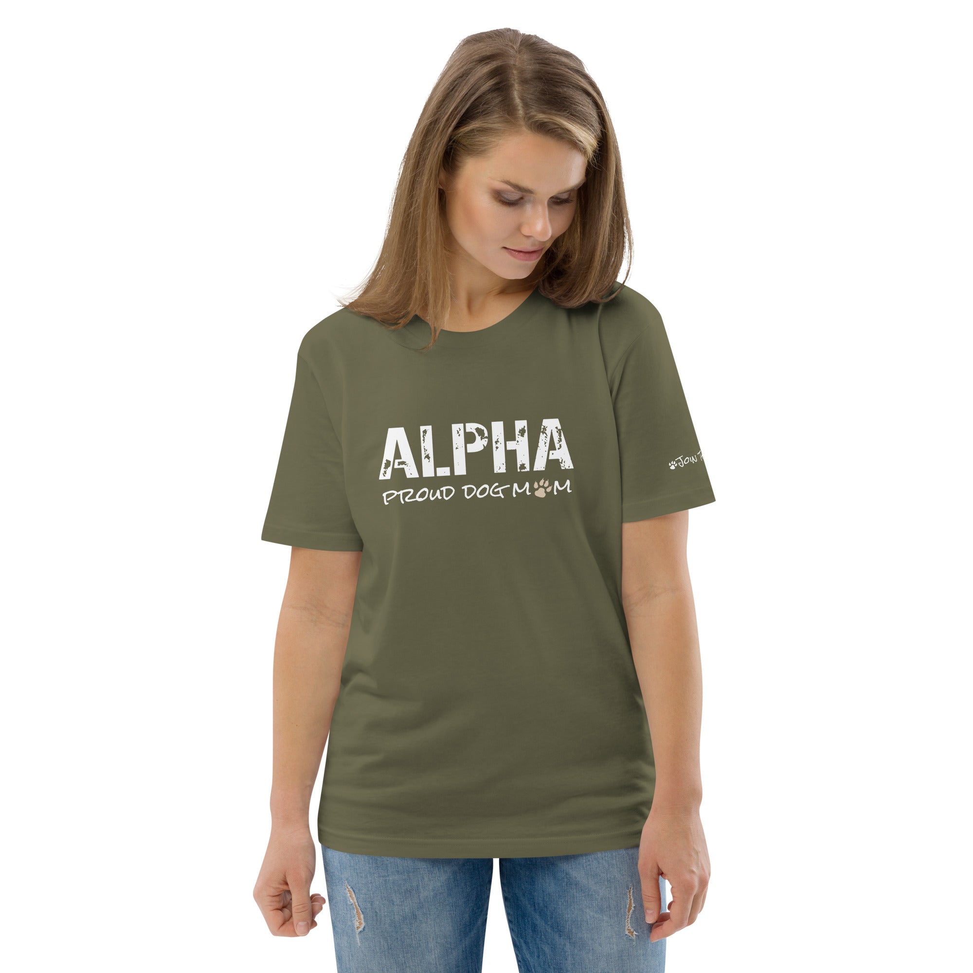 Alpha Proud Dog Mom - Women's Organic Cotton T-Shirt - Khaki / Green Color - In Dogz We trust - Female Model - Front View