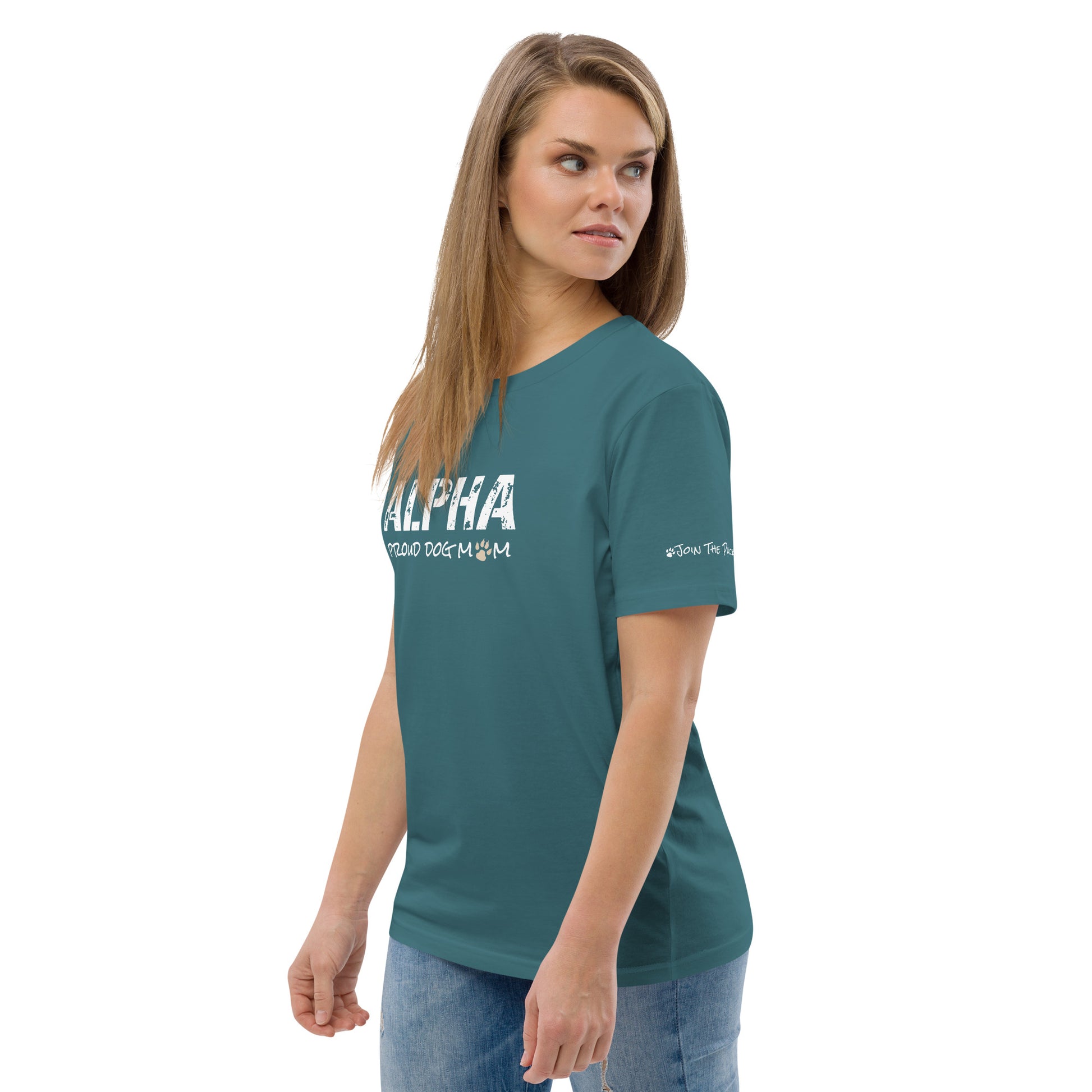 Alpha Proud Dog Mom - Women's Organic Cotton T-Shirt - Stargazer / Teal Color - In Dogz We trust - Female Model Front View