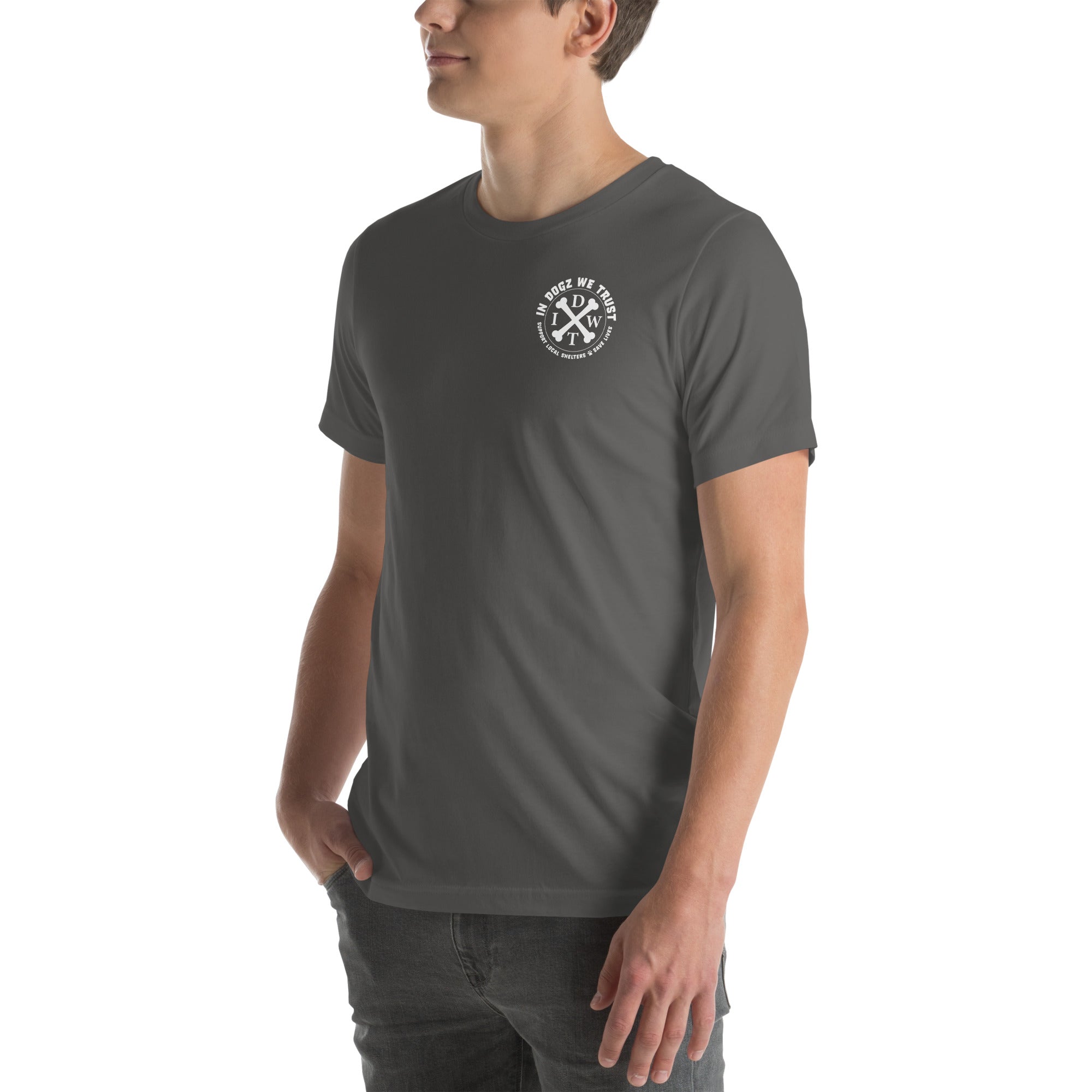 Puppy-Chulo IDWT Chihuahua - Unisex Tee - In Dogz We Trust - Dark Gray - Male Model - Front View