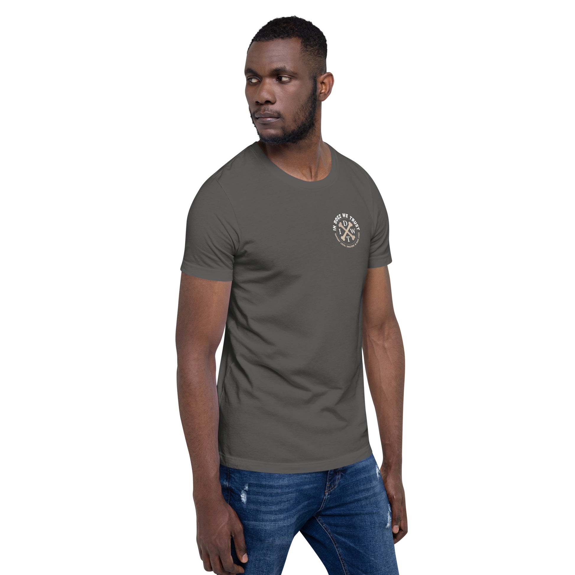 Loyalty Over Everything T-Shirt - In Dogz We Trust - Dark Grey with Pit Bull & Roses Design - Male Model - Front View