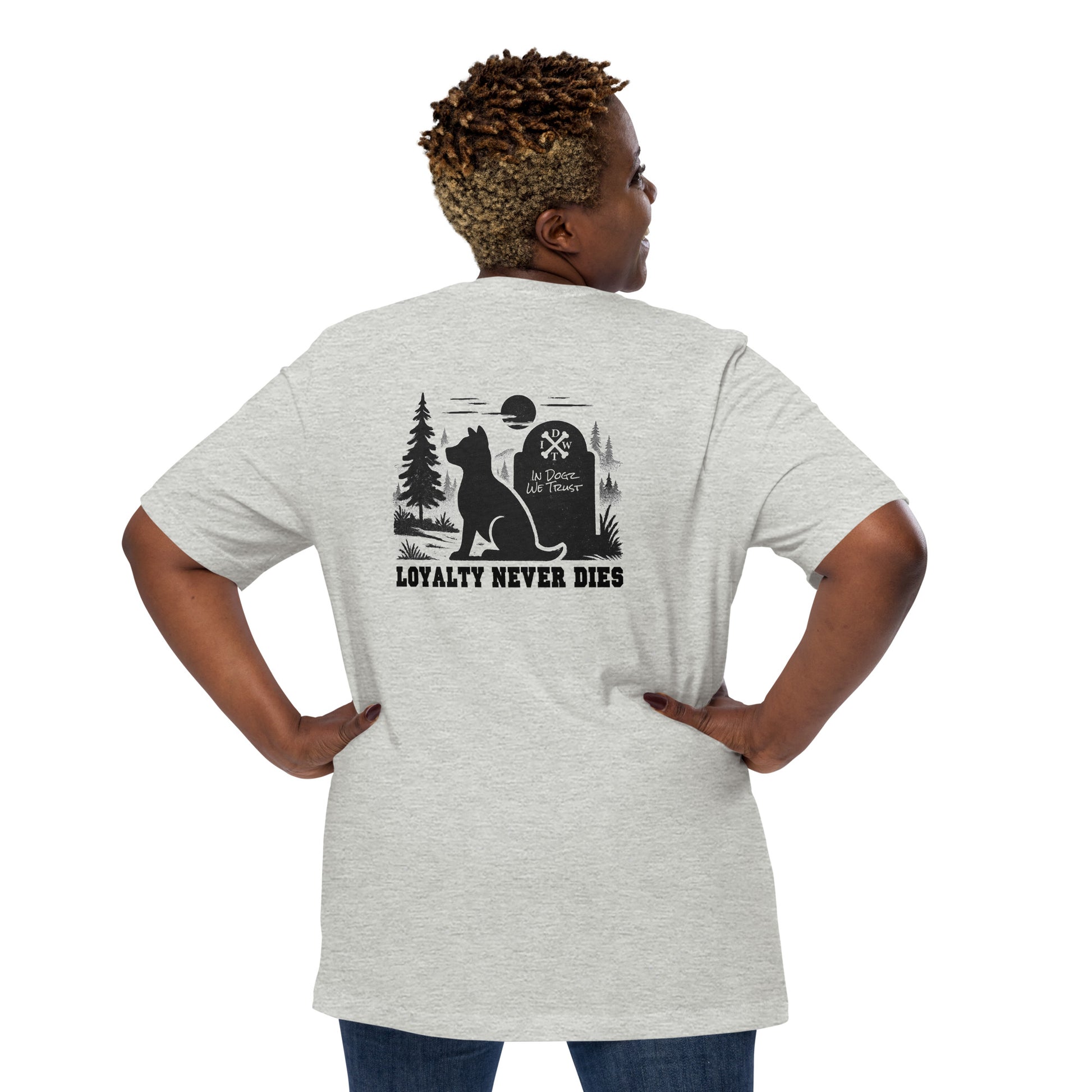 Loyalty Never Dies Tee - Unisex - Heather Athletic Grey with Black Dog Design - In Dogz We Trust - Female Model