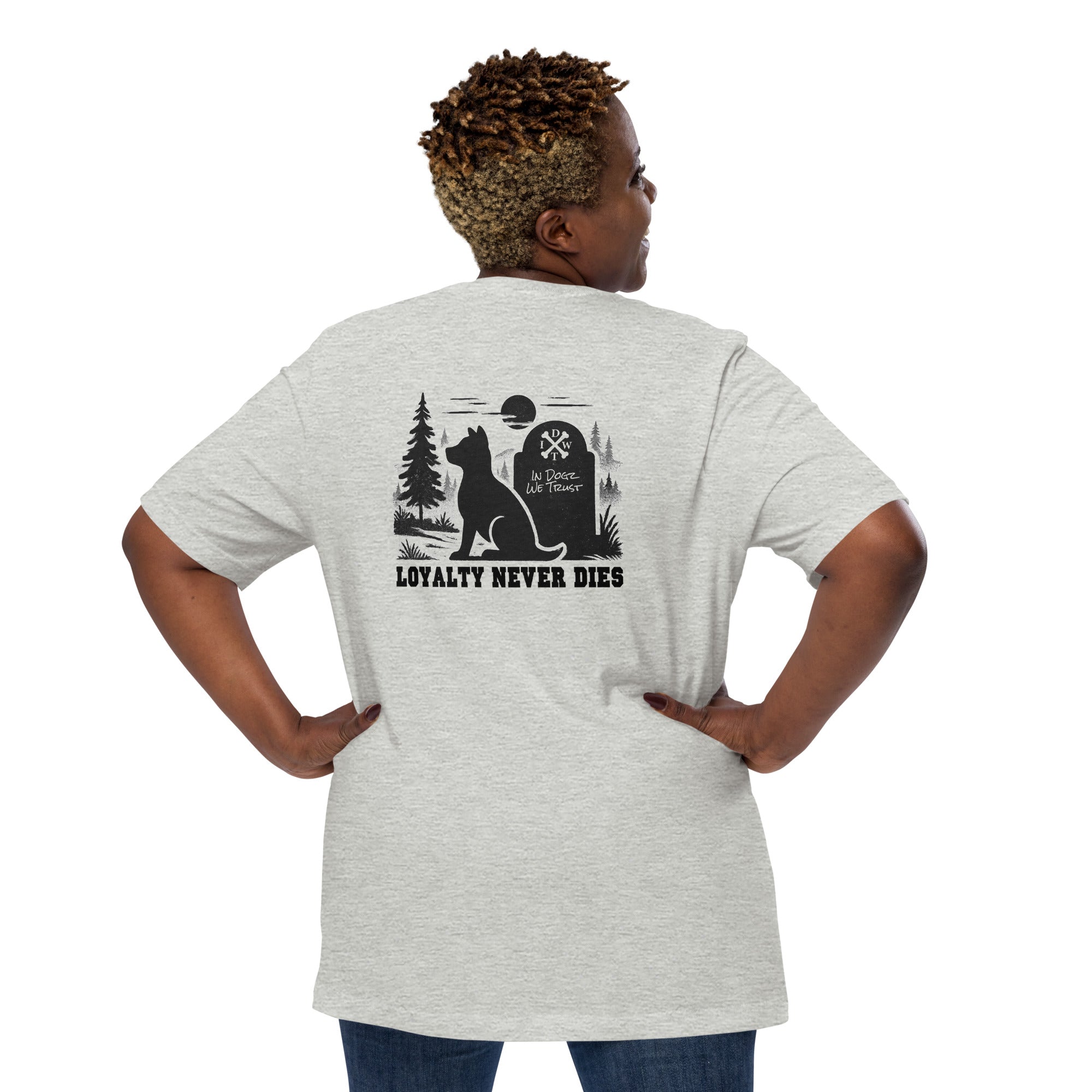 Loyalty Never Dies Tee - Unisex - Heather Athletic Grey with Black Dog Design - In Dogz We Trust - Female Model