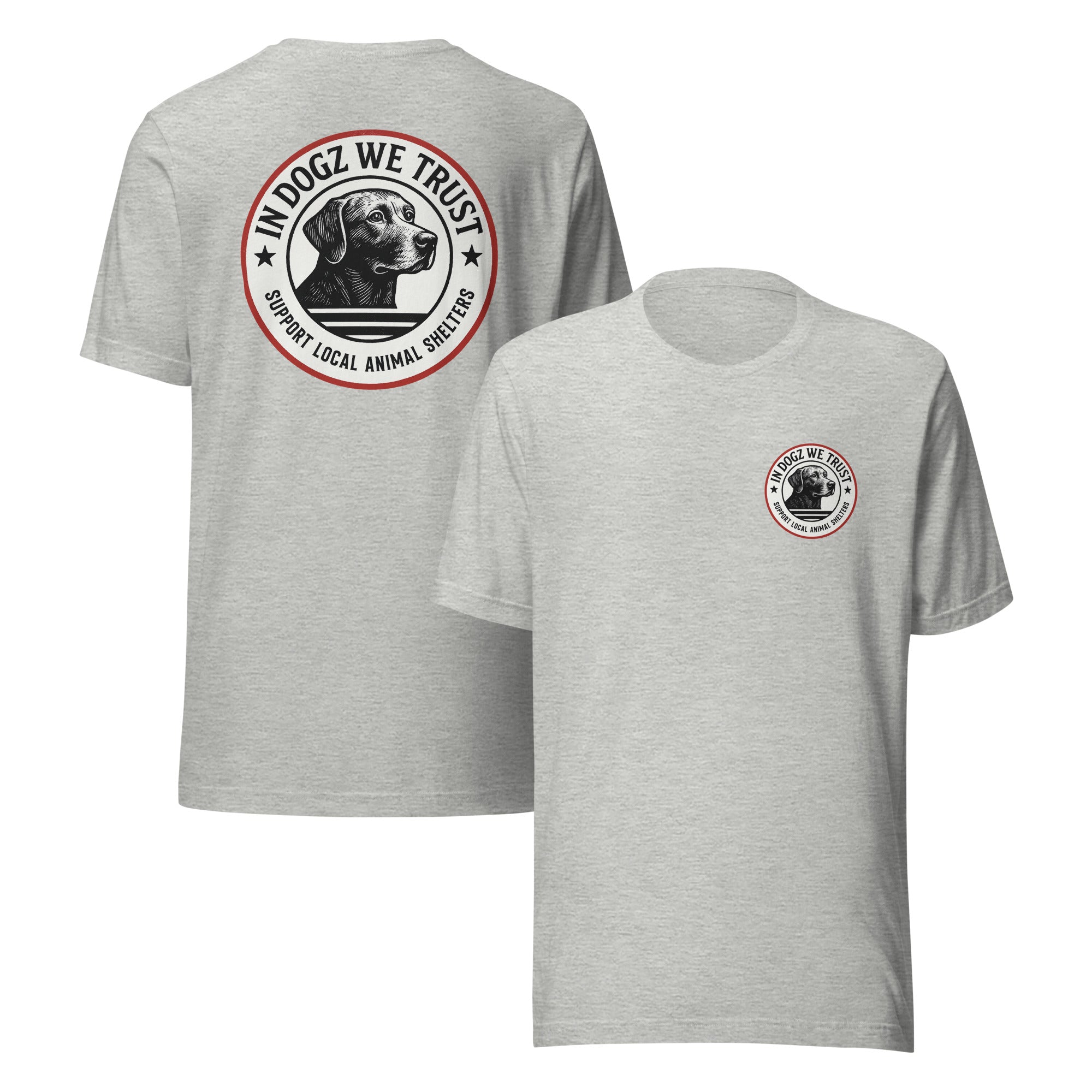 The Duke - Labrador Rescue Unisex T-Shirt - Athletic Heather Grey Color - In Dogz We Trust - Front & Back View