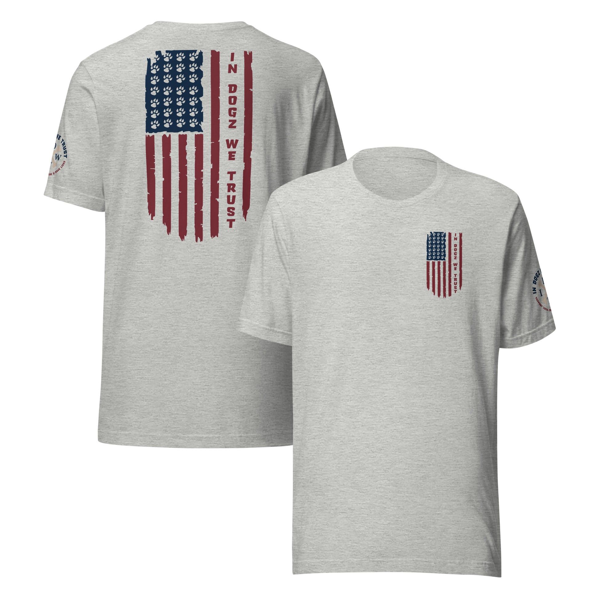 Paws & Stripes: Unisex Tee - Athletic Grey - In Dogz We Trust - Front & Back View