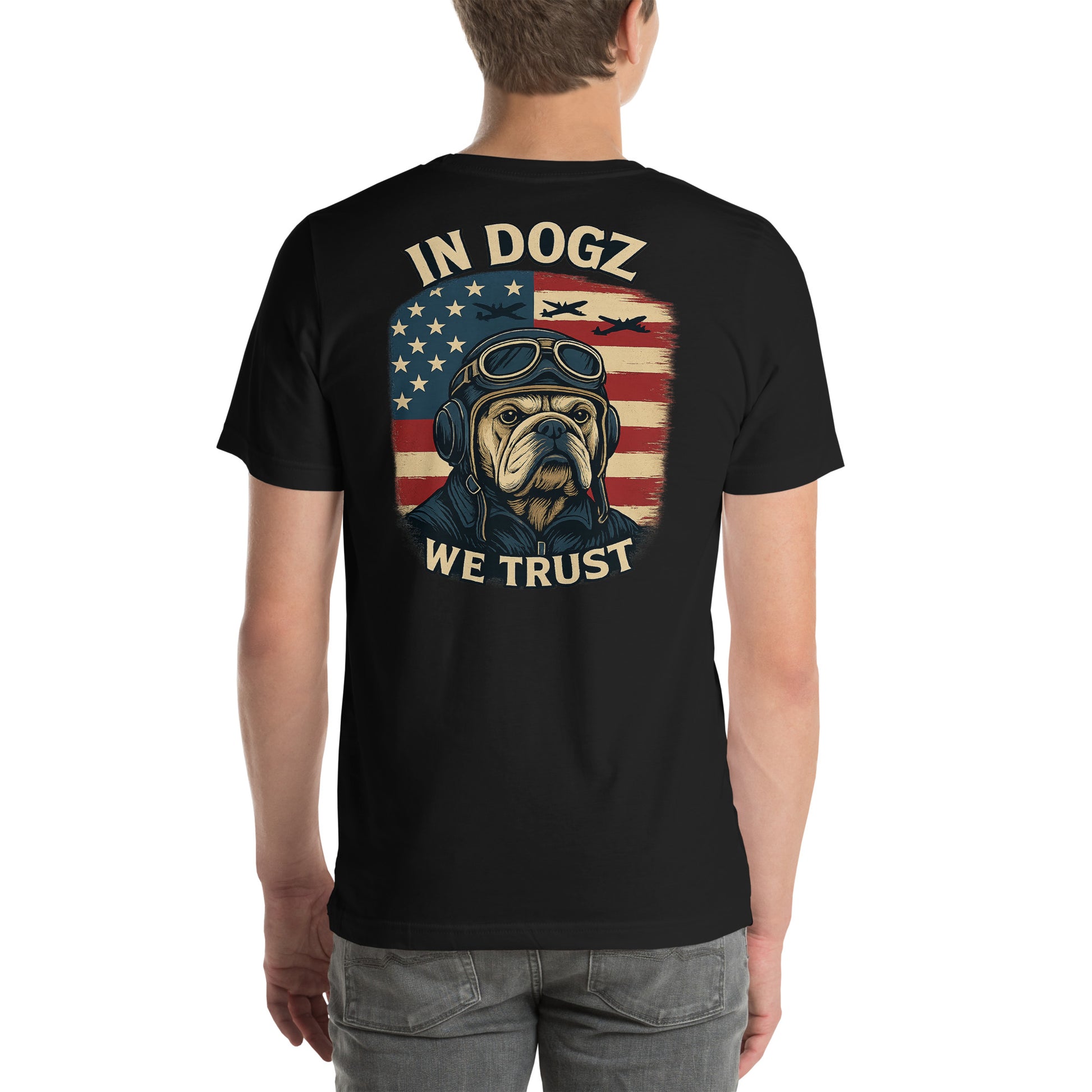 Stars & Dogz Tee - Unisex - Black with Bull Dog & American Flag Design - In Dogz We Trust - Male  Model
