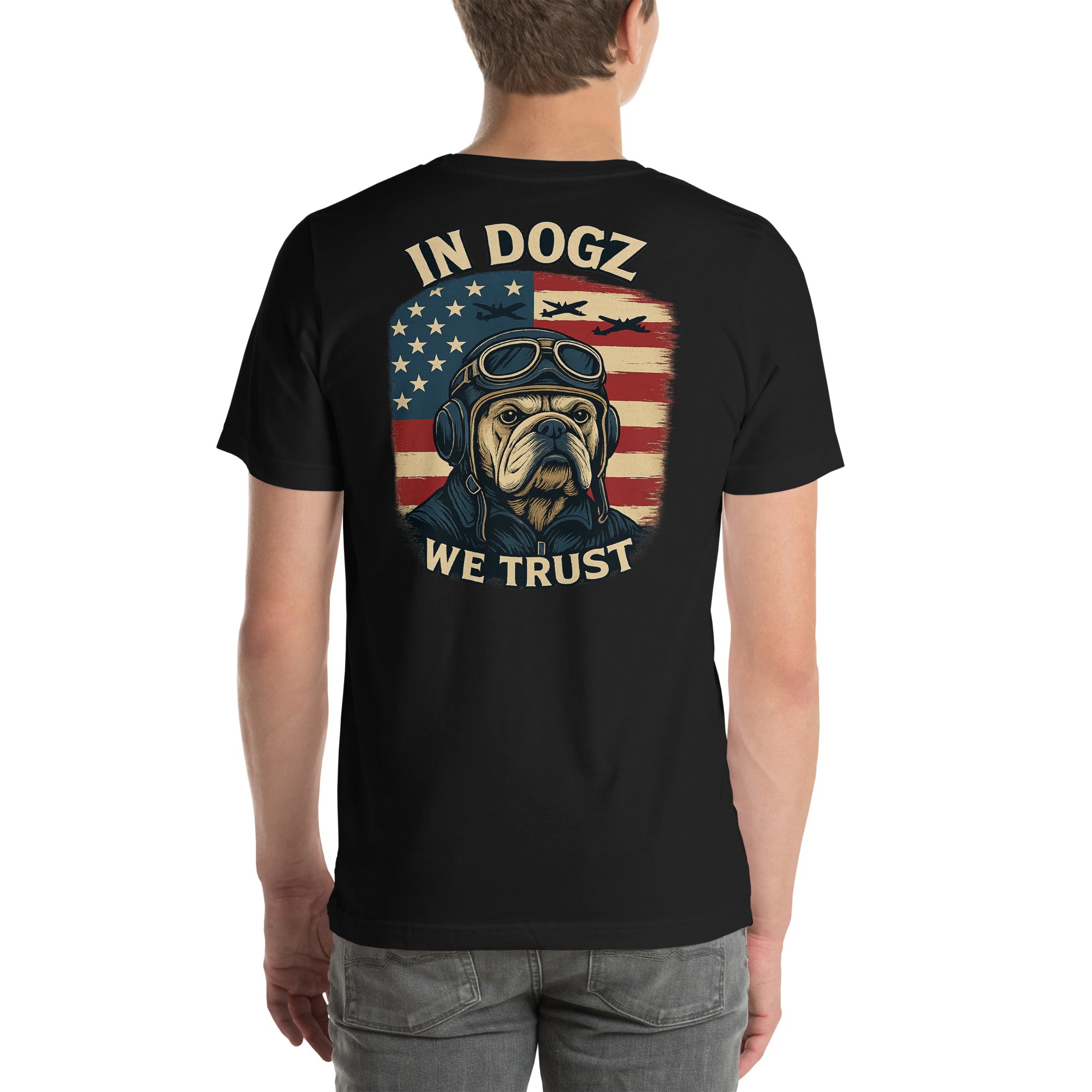 Stars & Dogz Tee - Unisex - Black with Bull Dog & American Flag Design - In Dogz We Trust - Male  Model
