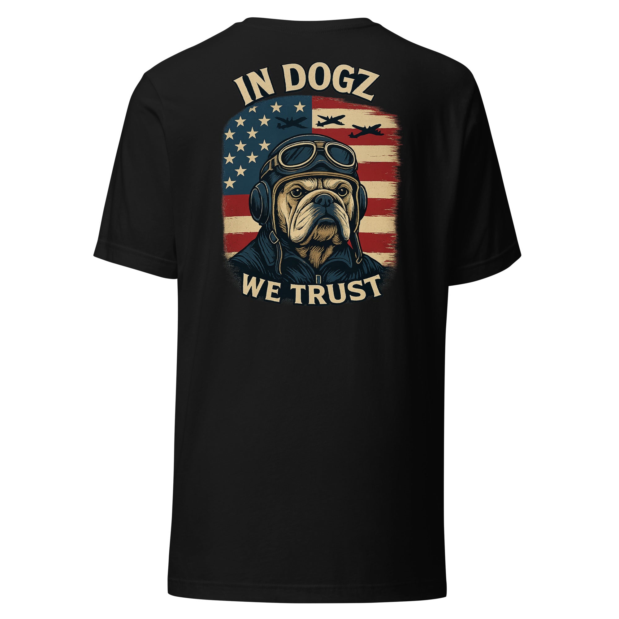 Stars & Dogz Tee - Unisex - Black with Bull Dog & American Flag Design - In Dogz We Trust - Back View