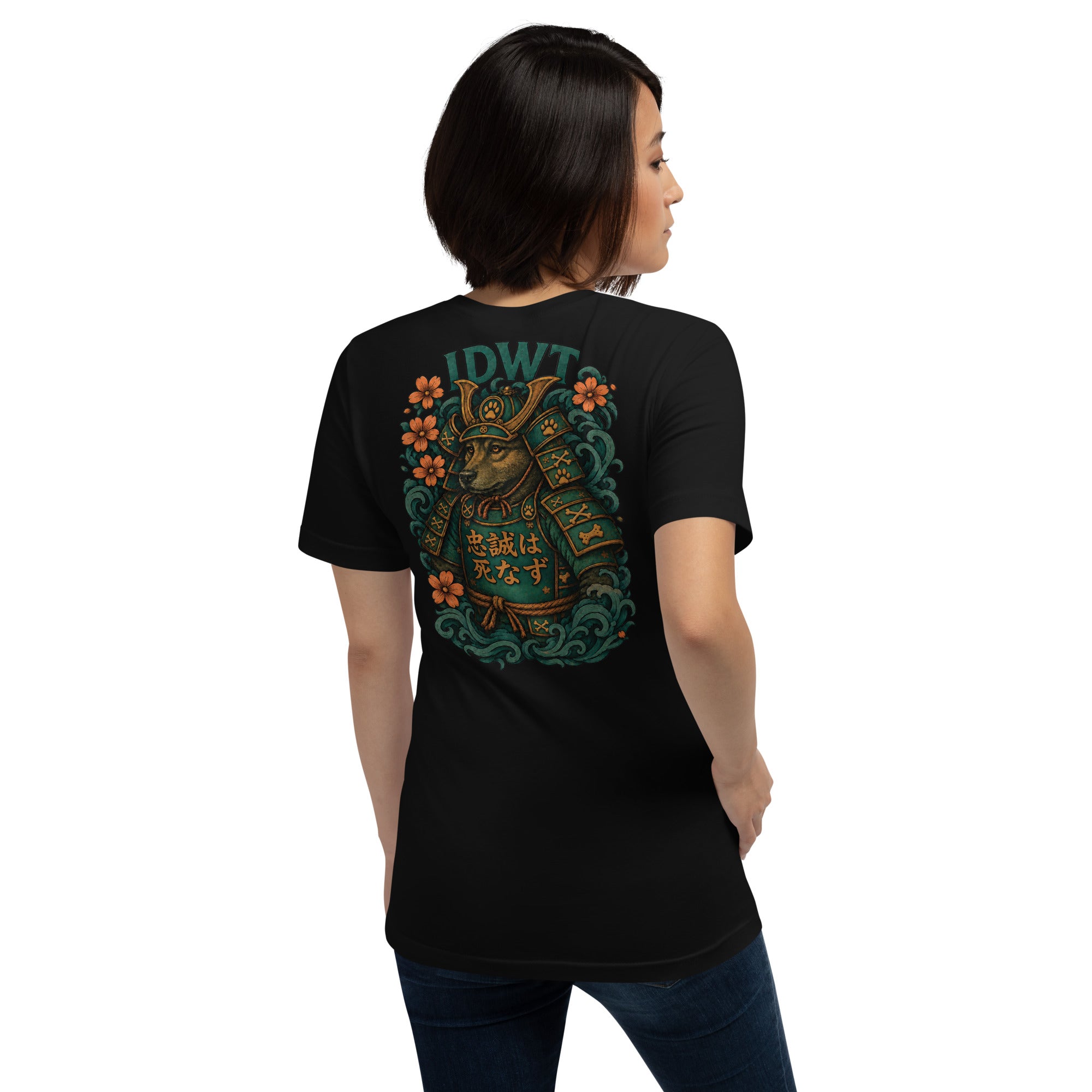 Bushido Bark: Samurai Canine T-Shirt - Black Color - In Dogz We Trust - Female Model - Back View