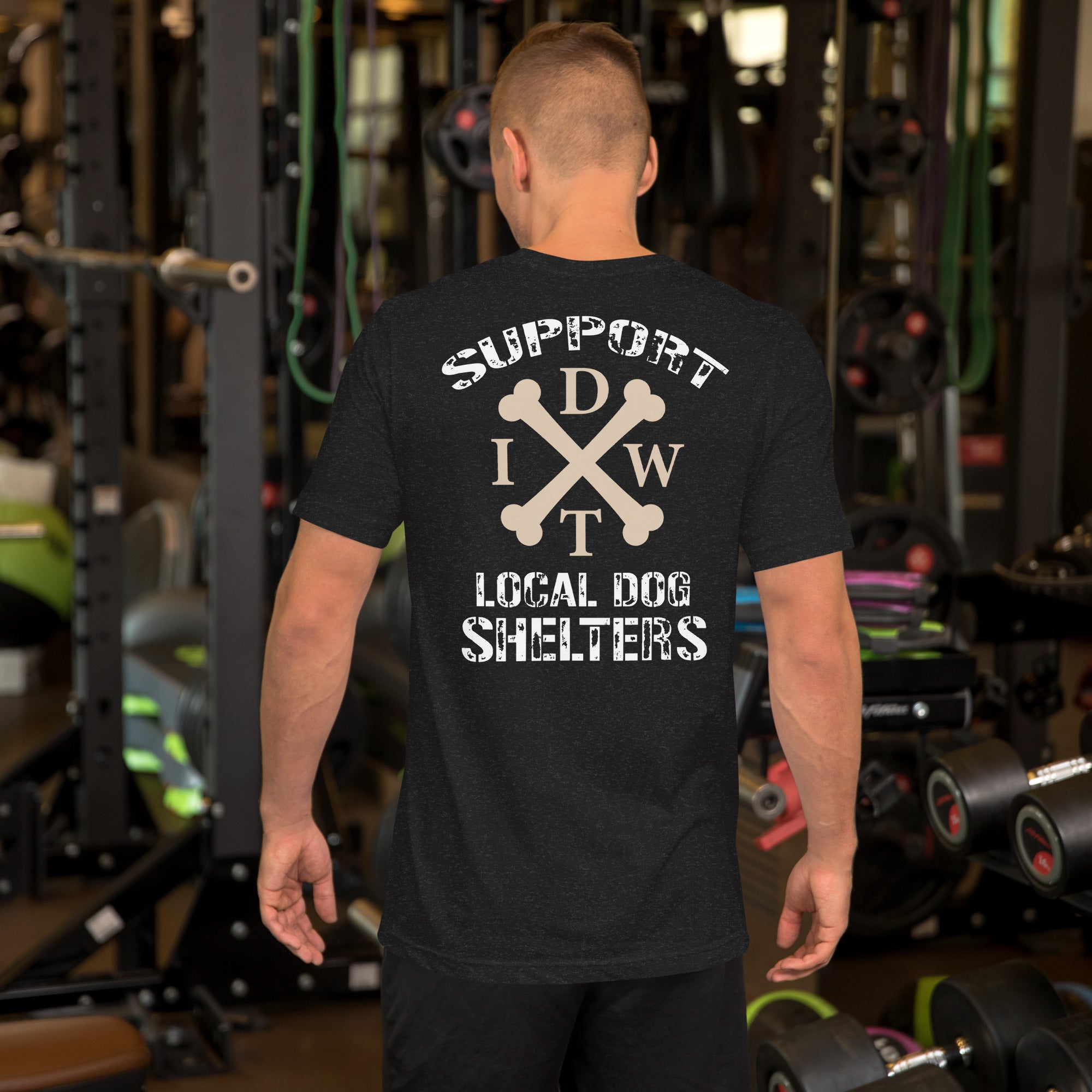 Support Local Dog Shelters - Unisex T-Shirt - Heather Black Color - In Dogz We Trust - Male Model