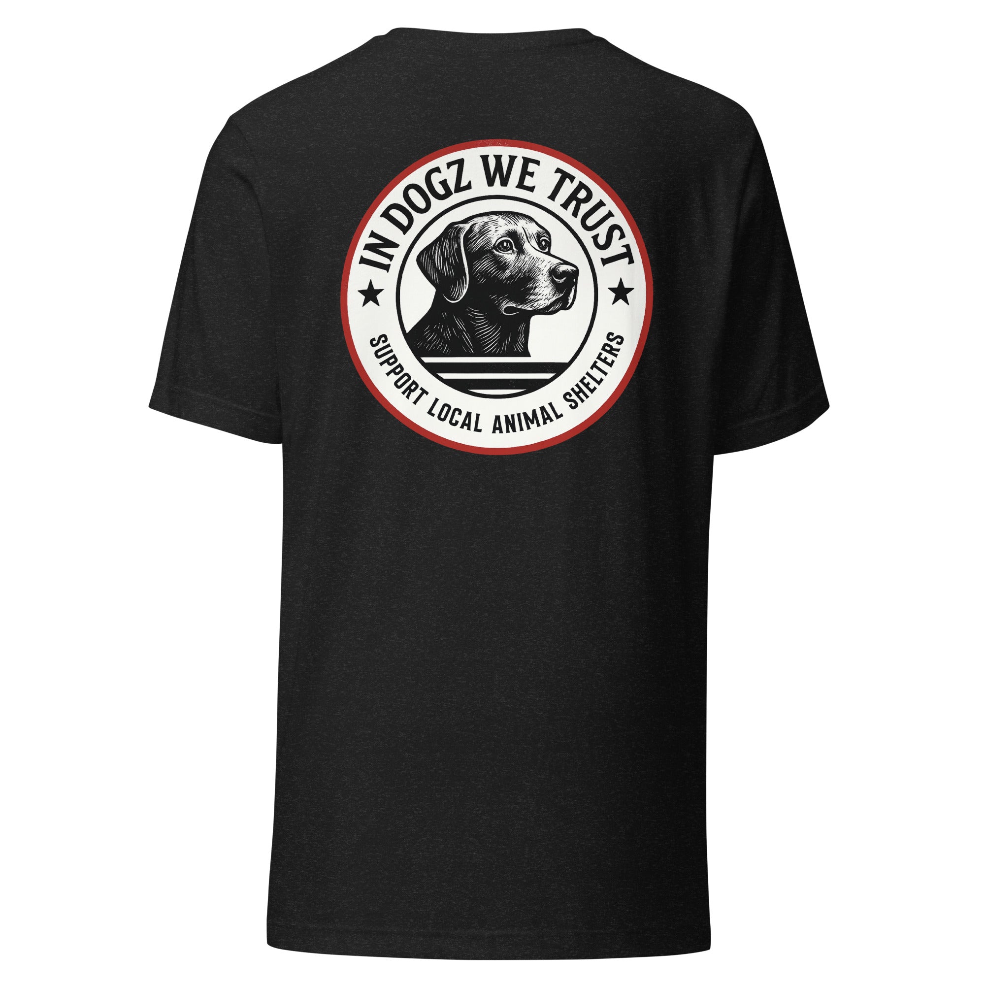 The Duke - Labrador Rescue Unisex T-Shirt - Heather Black Color - In Dogz We Trust - Back View