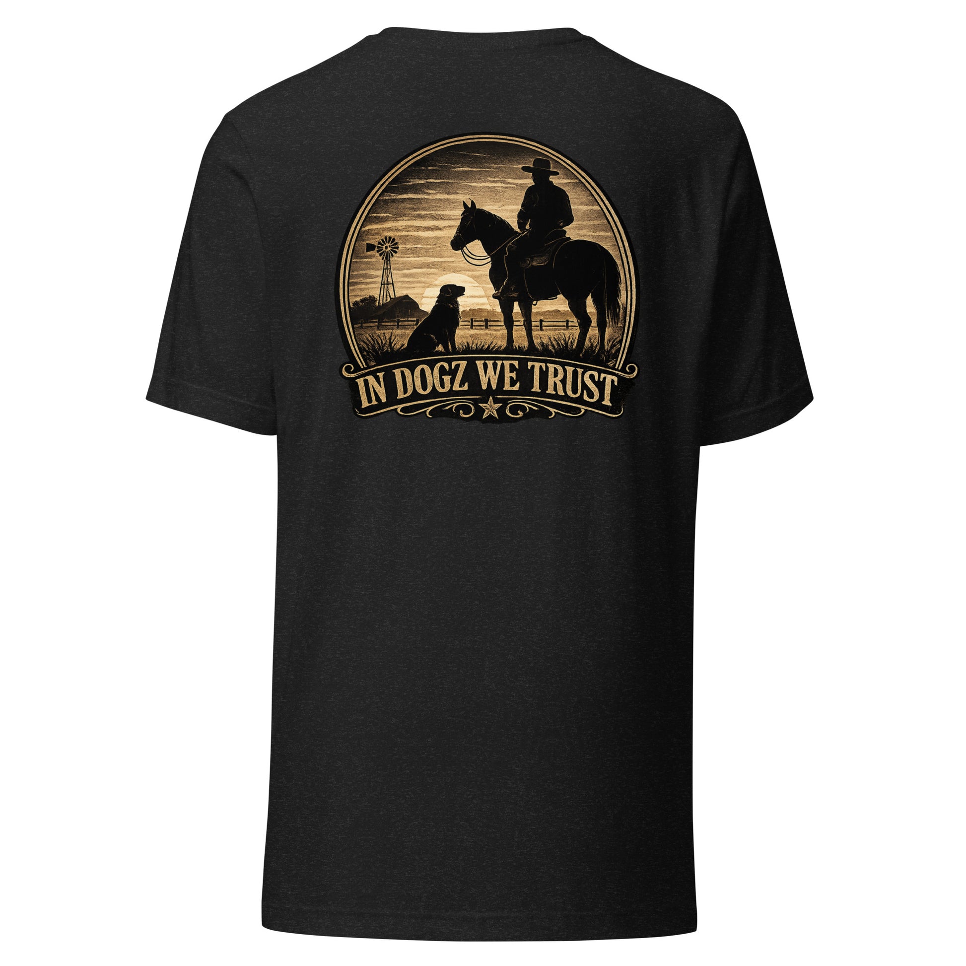 Frontier Faithful - Men's T-Shirt - Black Heather with Horse Rider and Dog Design - In Dogz We Trust - Back View