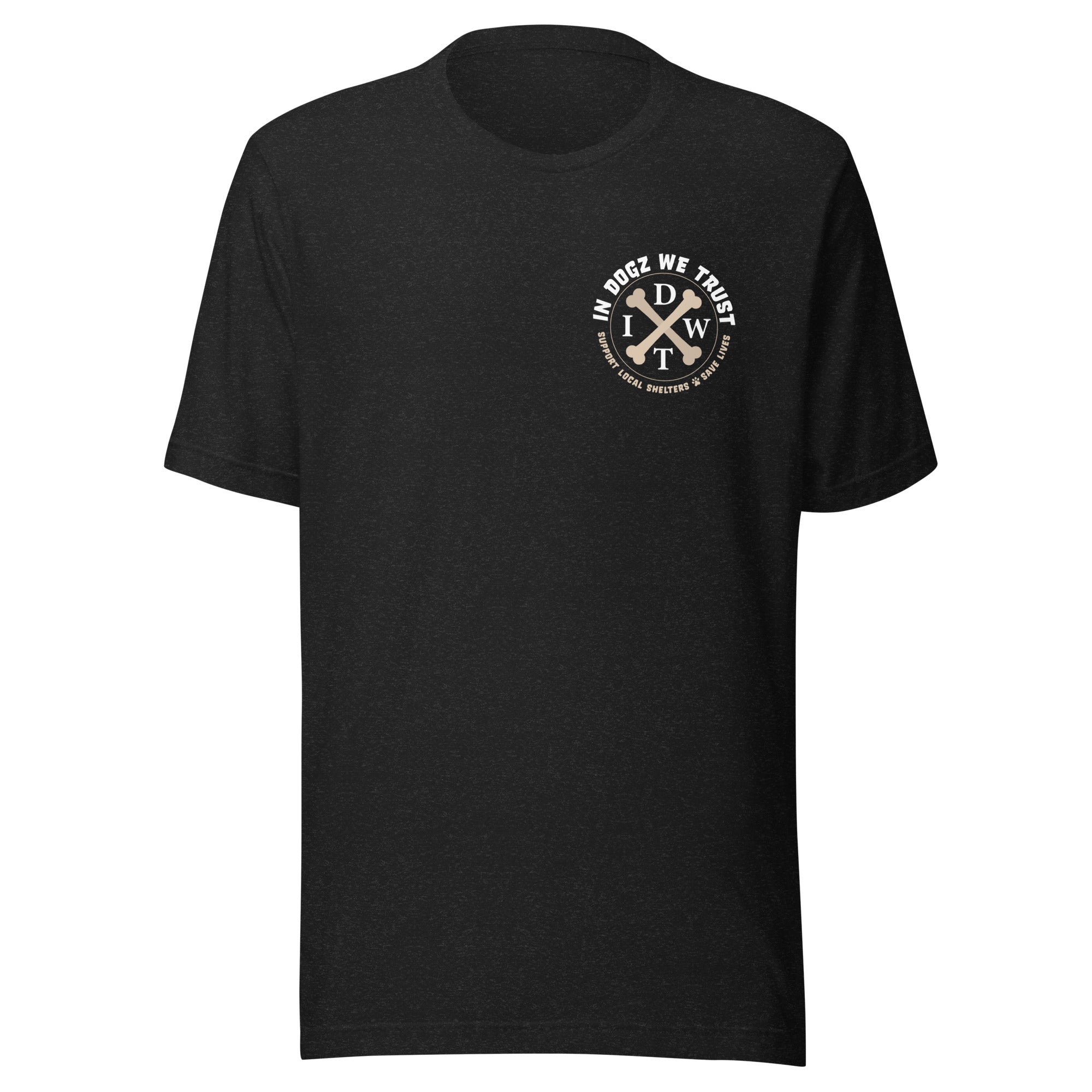 Love Dogz. Tolerate Humans. Unisex T-Shirt - Black Heather - In Dogz We Trust - Front View