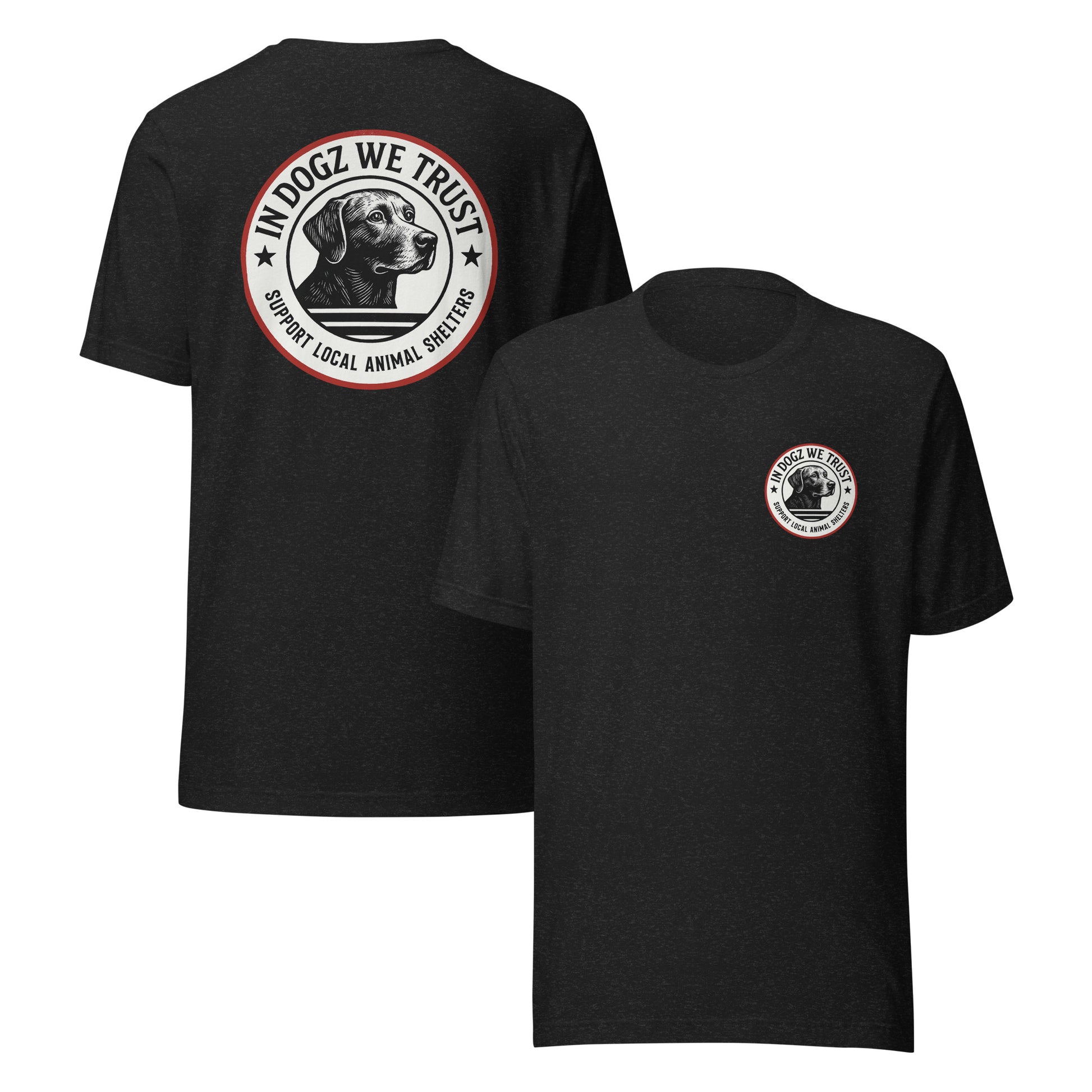 The Duke - Labrador Rescue Unisex T-Shirt - Heather Black Color - In Dogz We Trust - Front & Back View