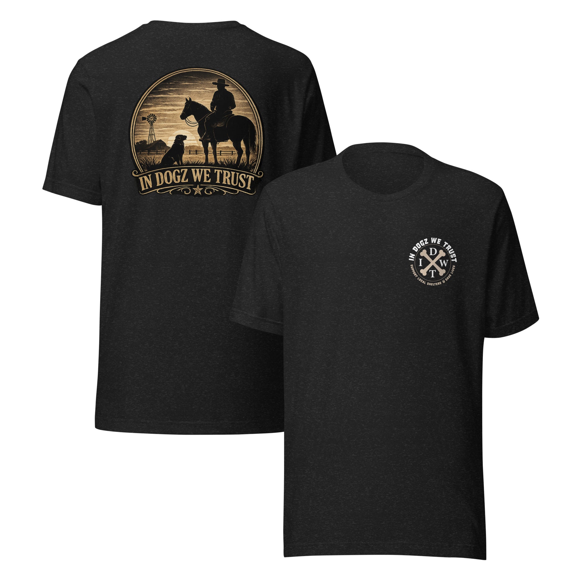 Frontier Faithful - Men's T-Shirt - Black Heather with Horse Rider and Dog Design - In Dogz We Trust - Front & Back View