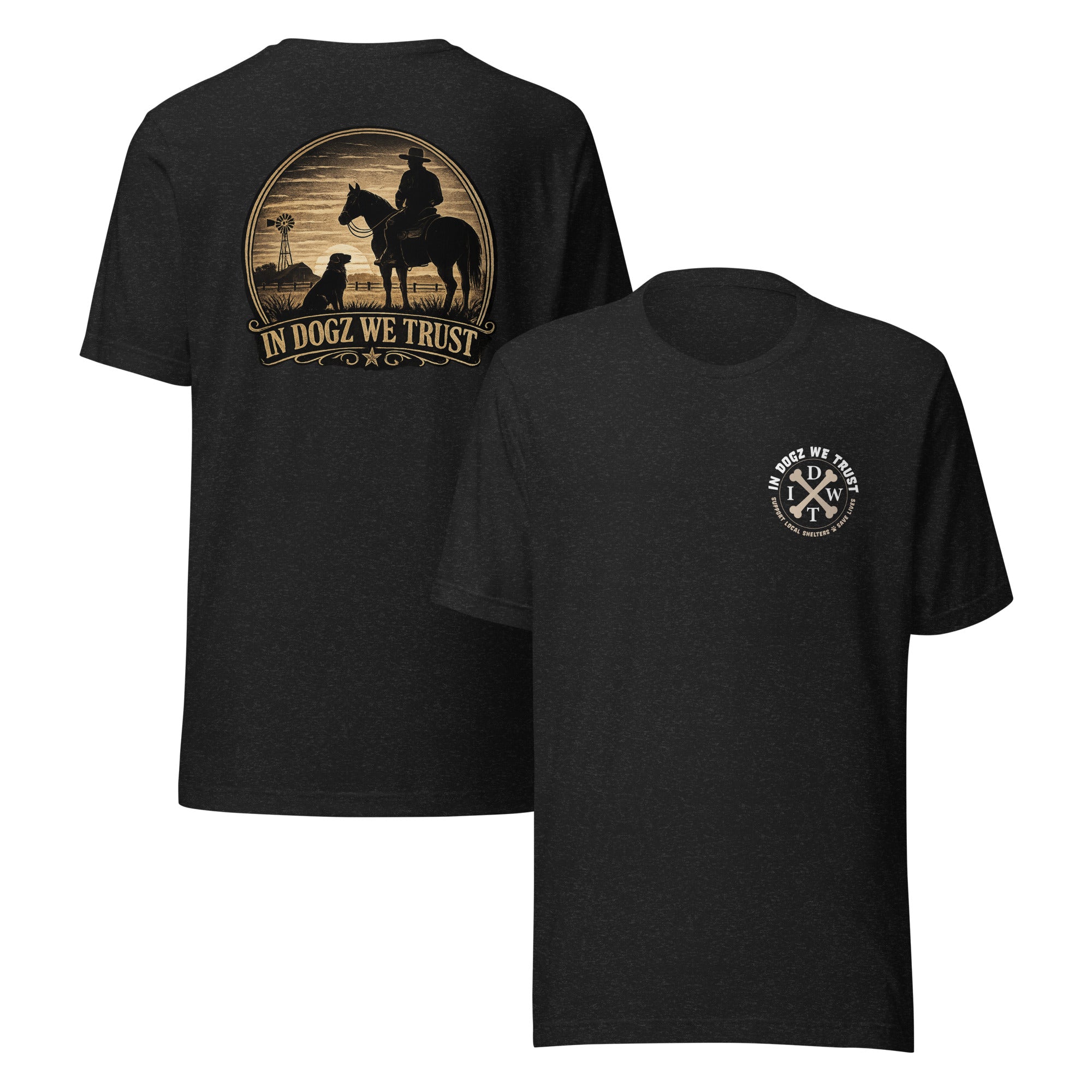 Frontier Faithful - Men's T-Shirt - Black Heather with Horse Rider and Dog Design - In Dogz We Trust - Front & Back View
