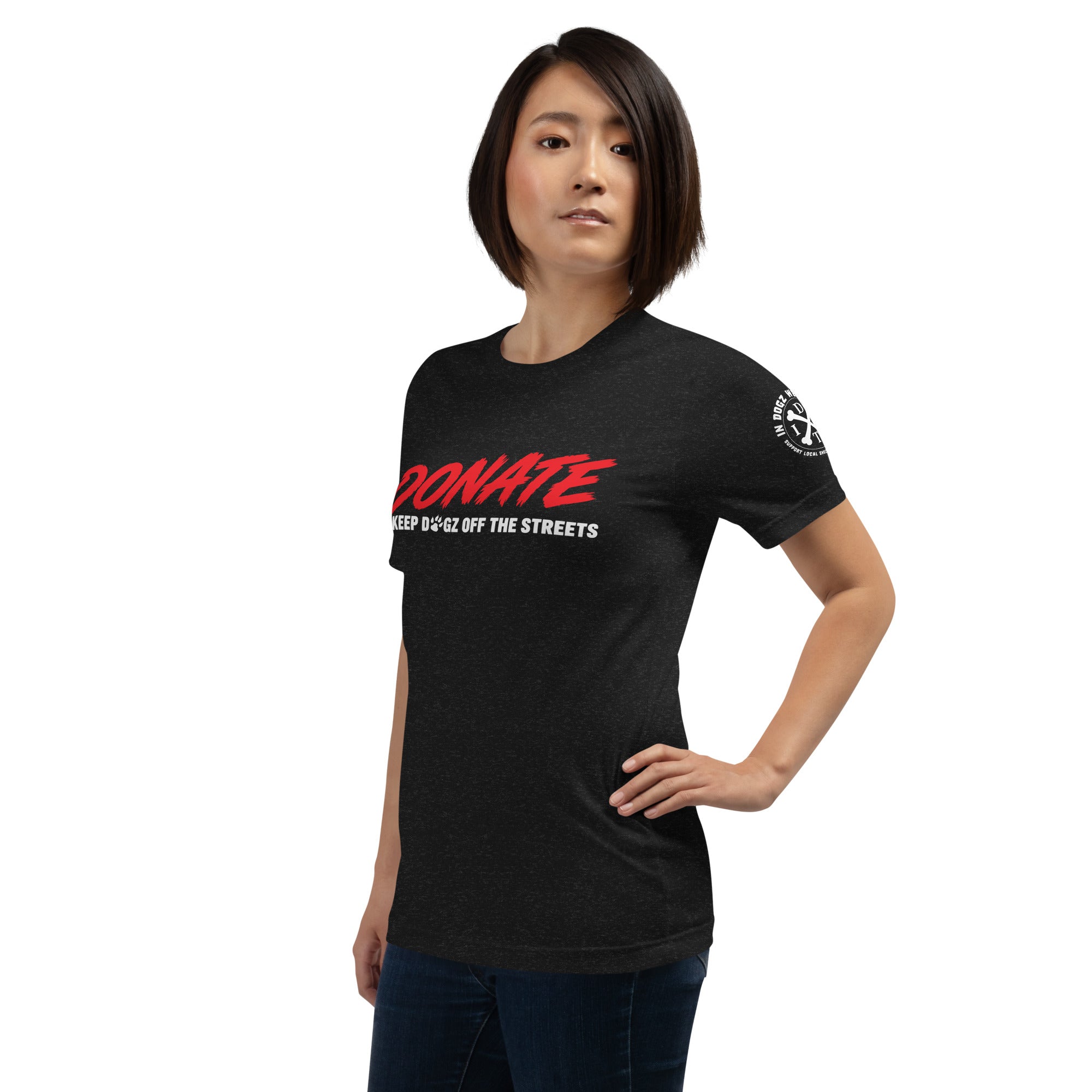 Keep Dogz Off the Streets - Unisex Tee - In Dogz We Trust - Black - Female Model - Front View