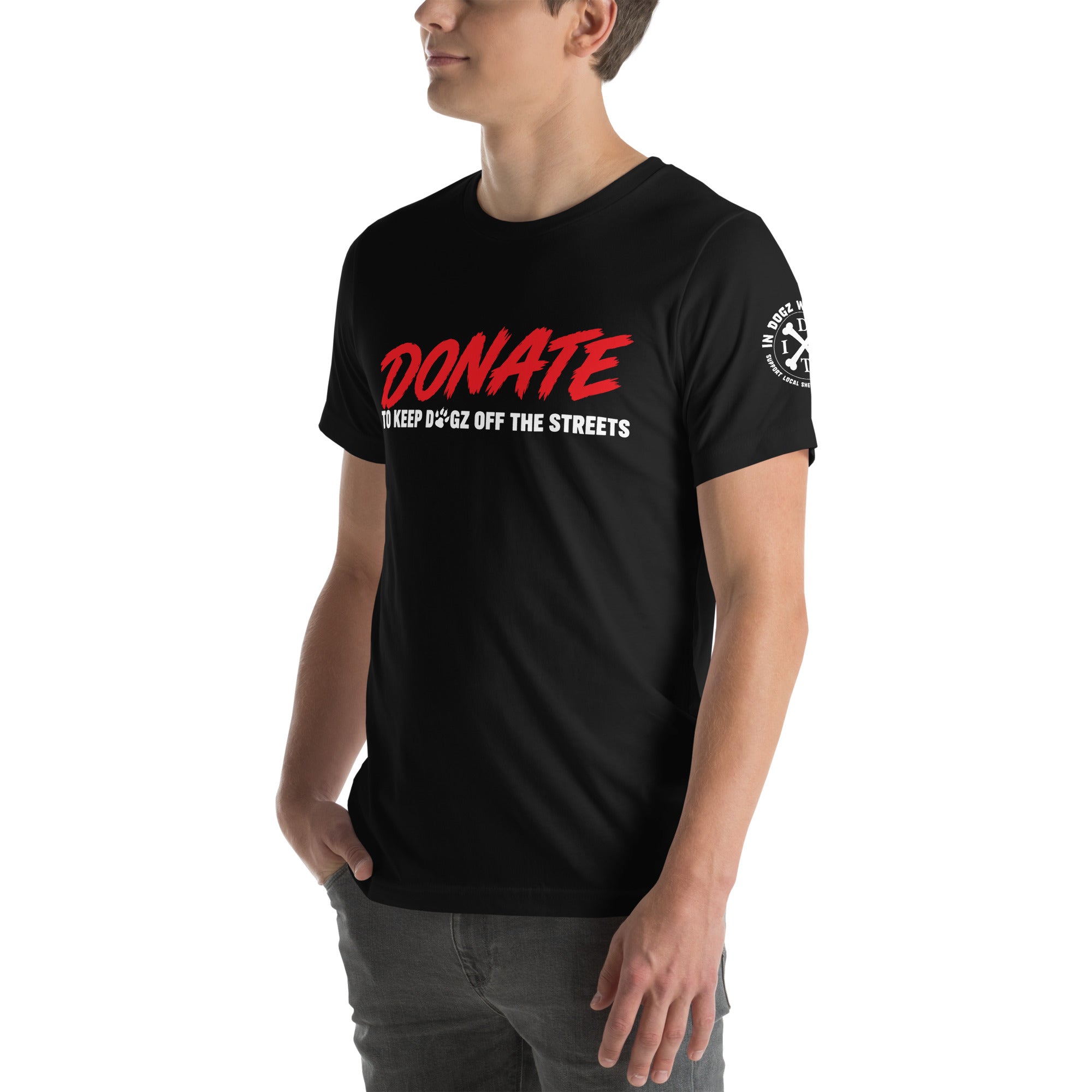 Keep Dogz Off the Streets - Unisex Tee - In Dogz We Trust - Black - Male Model - Front Left View