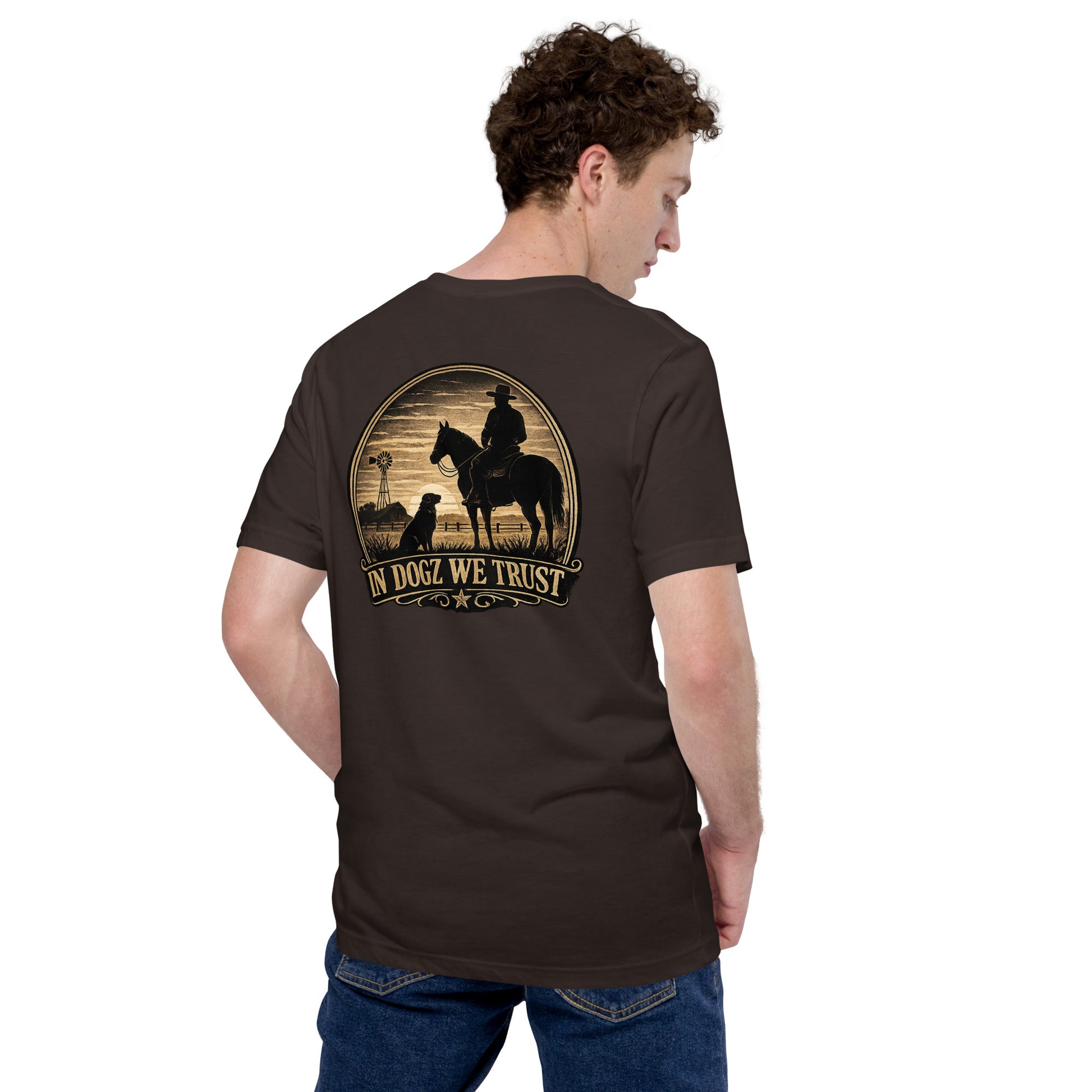 Frontier Faithful - Men's T-Shirt - Brown with Horse Rider and Dog Design - In Dogz We Trust - Male Model - Back View