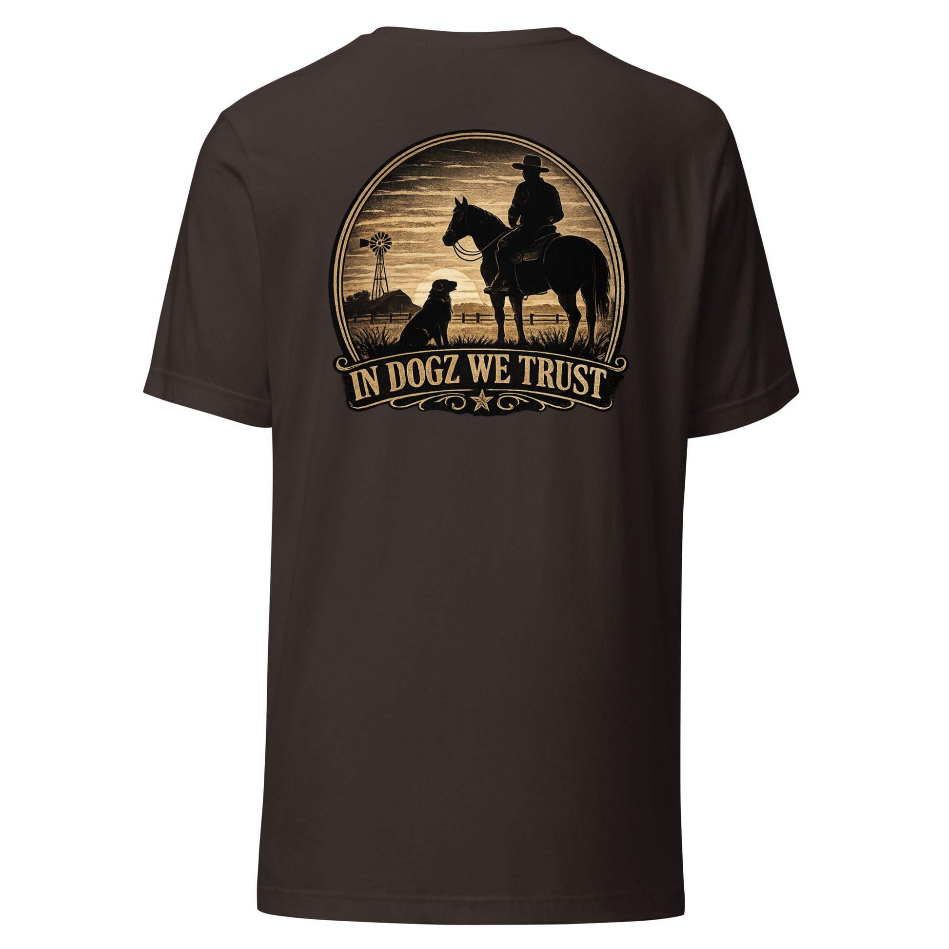 Frontier Faithful - Men's T-Shirt - Brown with Horse Rider and Dog Design - In Dogz We Trust - Back View
