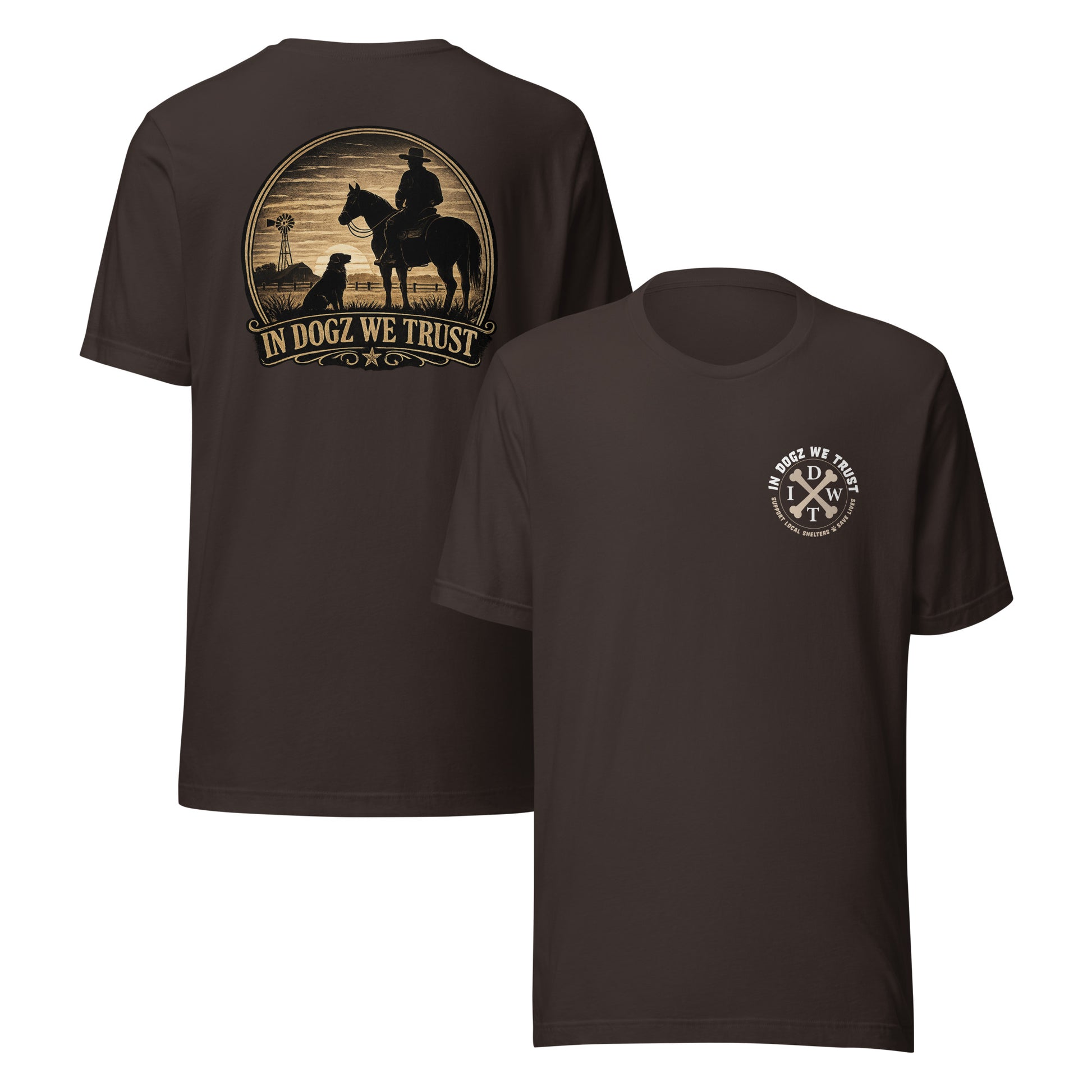 Frontier Faithful - Men's T-Shirt - Brown with Horse Rider and Dog Design - In Dogz We Trust - Front & Back View