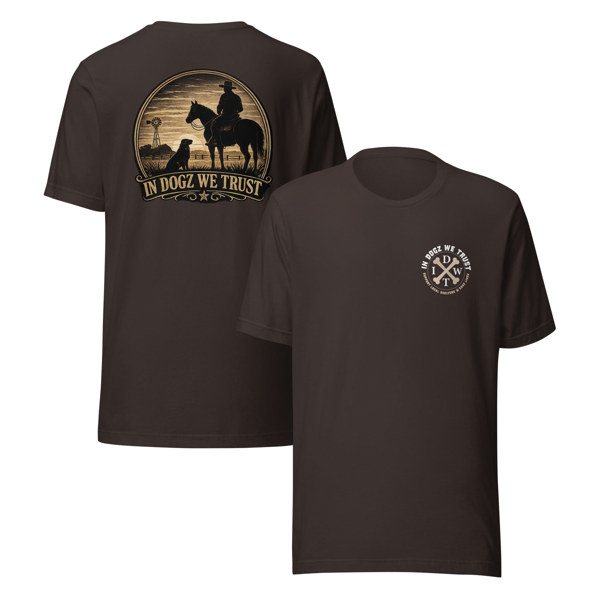 Frontier Faithful - Men's T-Shirt - Brown with Horse Rider and Dog Design - In Dogz We Trust - Front & Back View