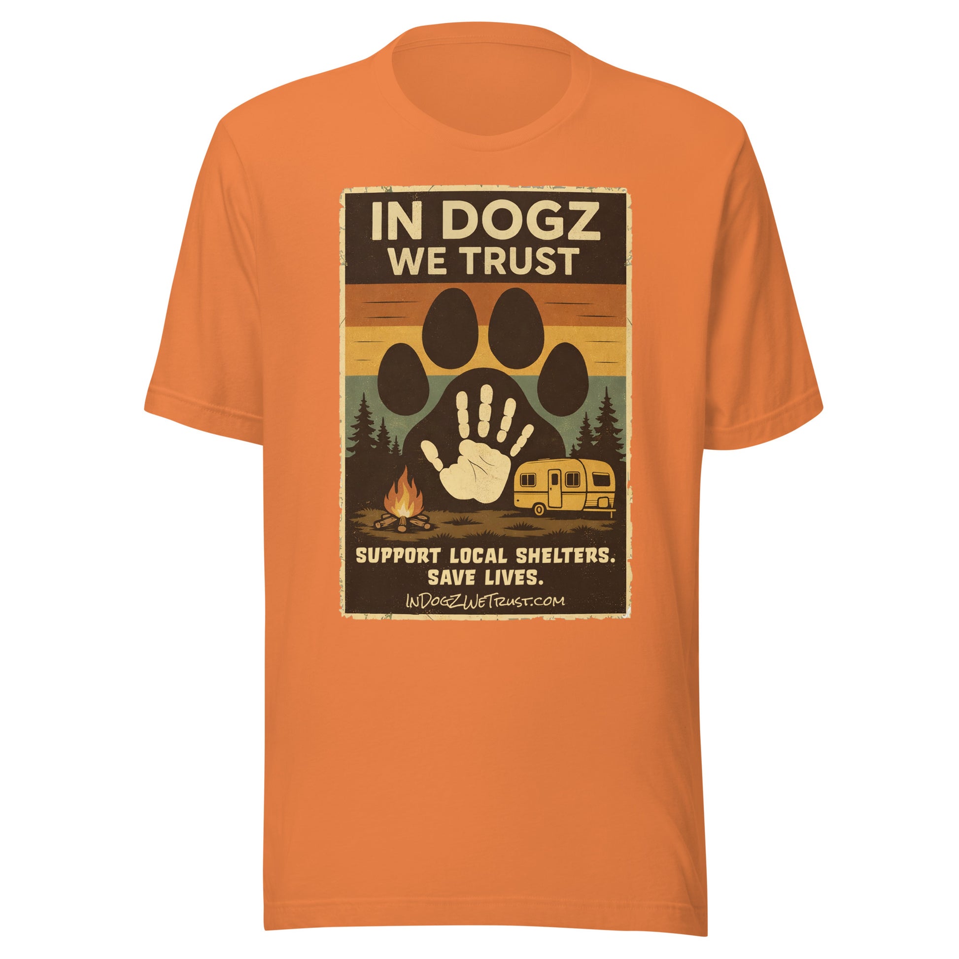 Paws for a Cause Tee - Burnt Orange with Dog Paw Camping Design - In Dogz We Trust