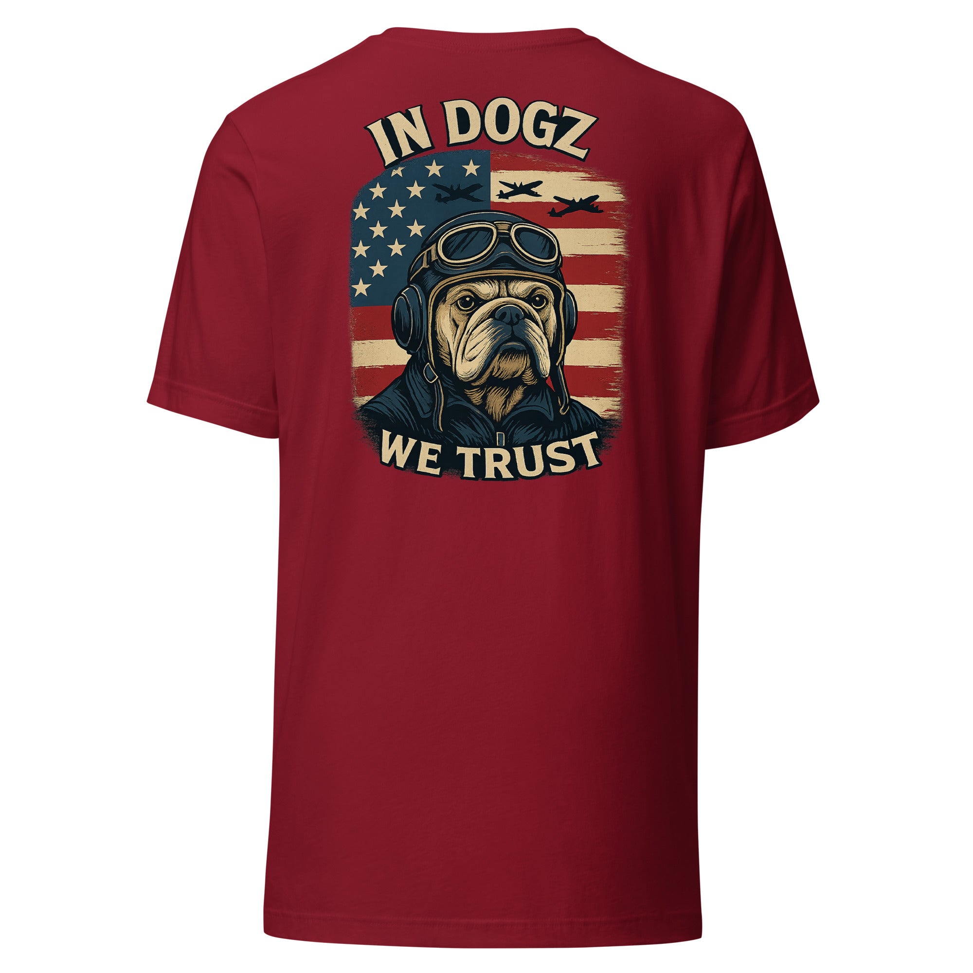 Stars & Dogz Tee - Unisex - Cardinal Red with Bull Dog & American Flag Design - In Dogz We Trust - Back View