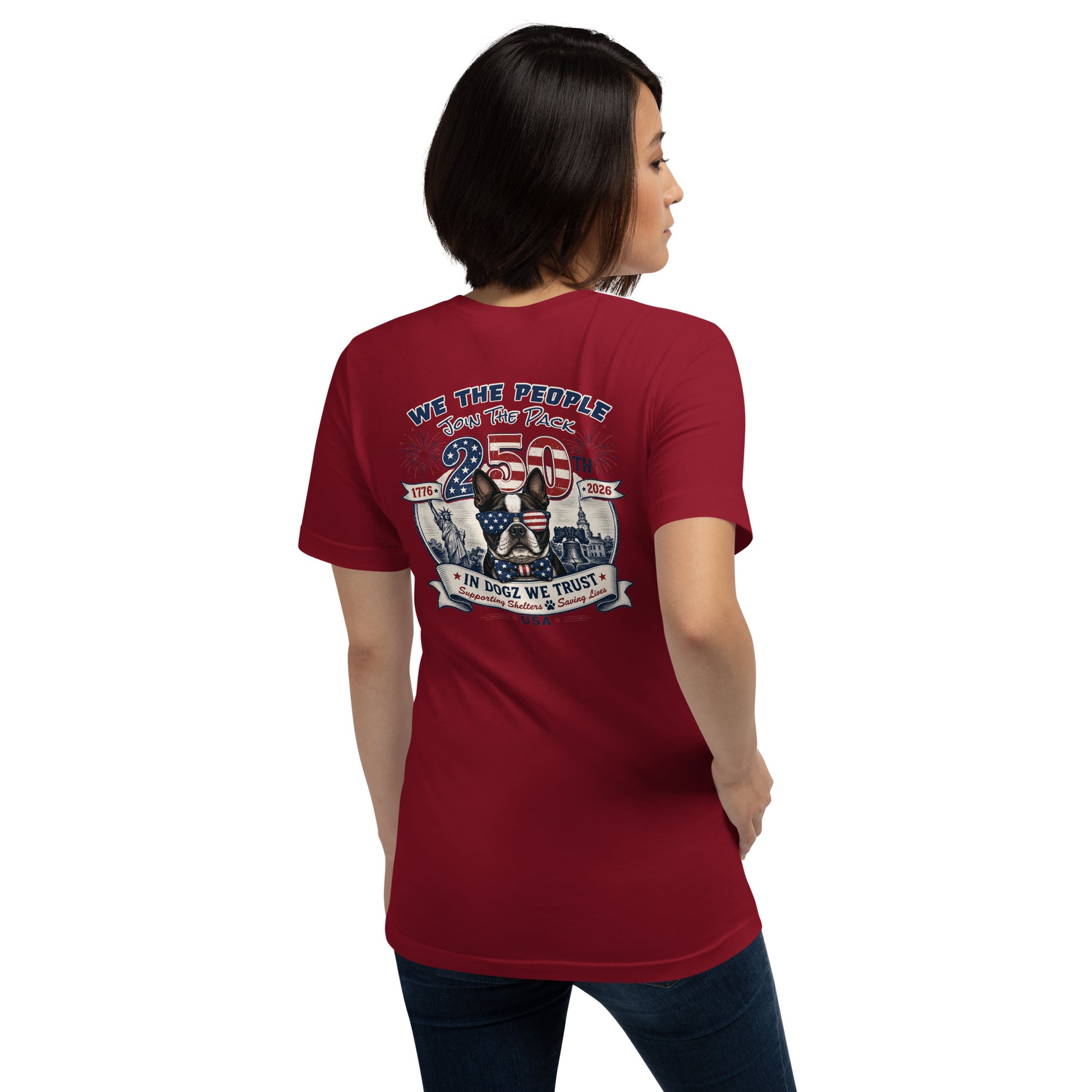 USA 250th "Join the Pack" Party: Unisex Tee - Red - In Dogz We Trust - Female Model - Back View