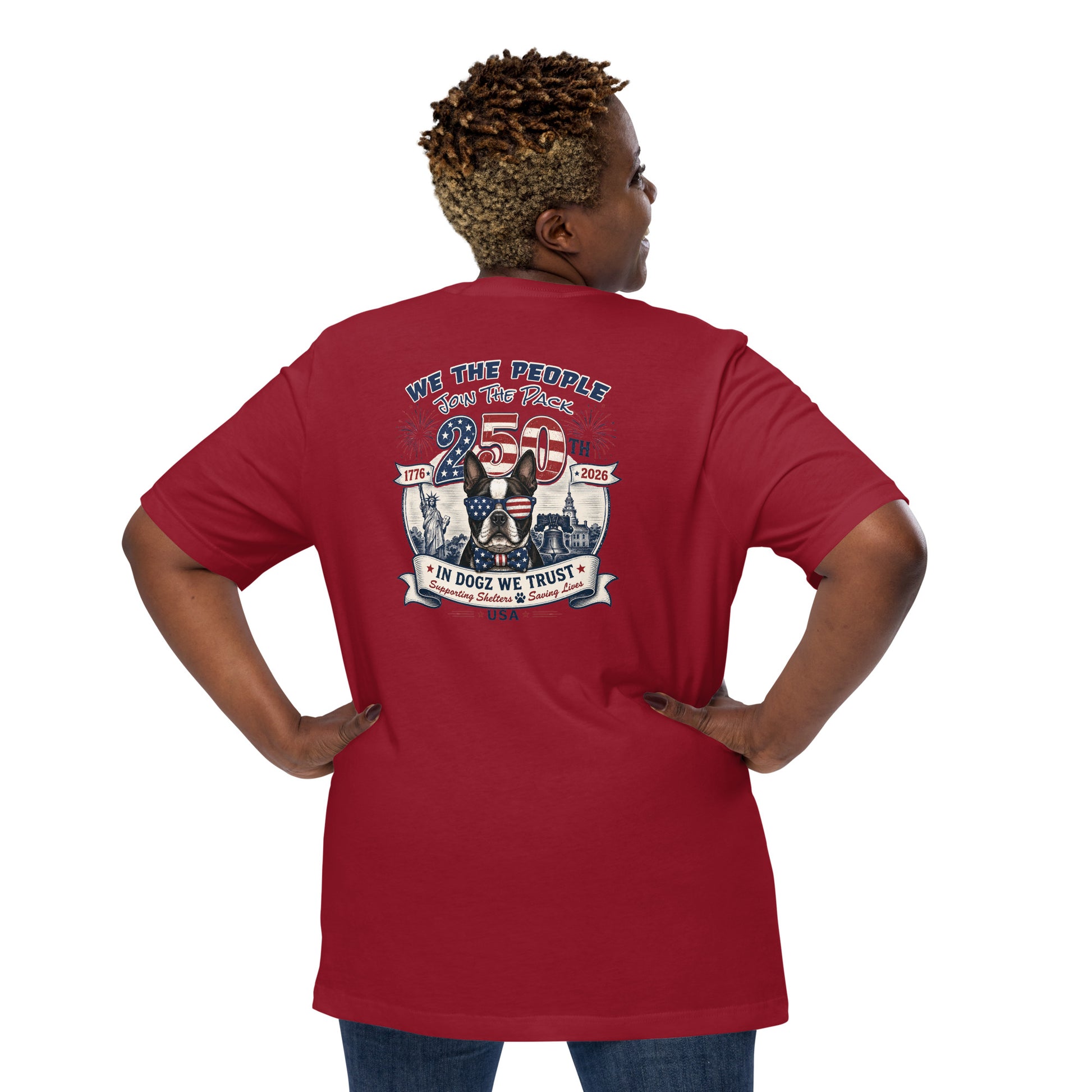 USA 250th "Join the Pack" Party: Unisex Tee - Red - In Dogz We Trust - Plus Size Female Model - Back View