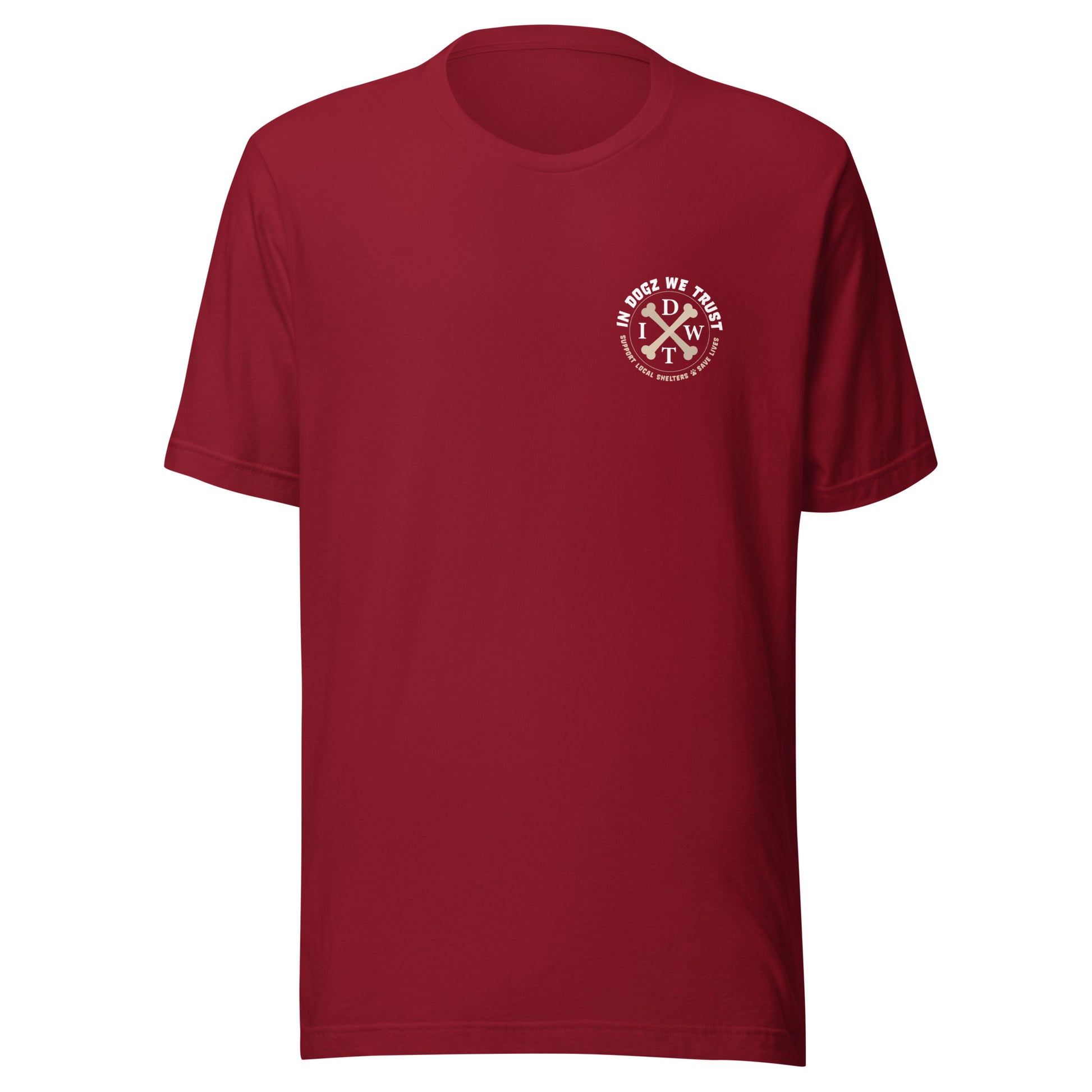 Stars & Dogz Tee - Unisex - Cardinal Red with IDWT Logo - In Dogz We Trust - Front View