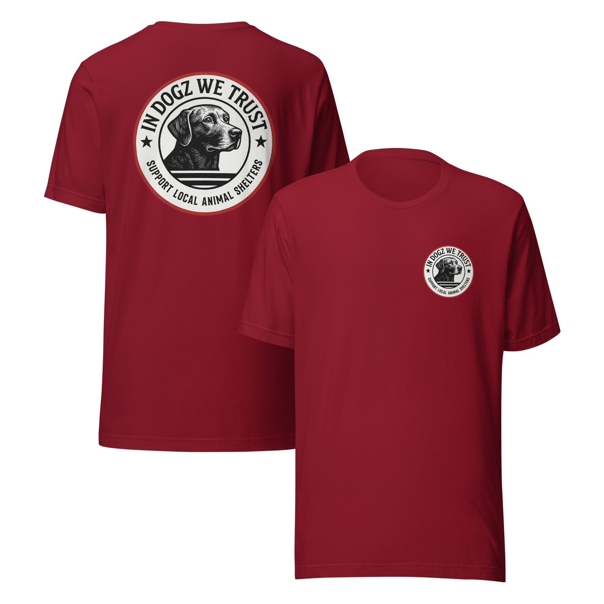 The Duke - Labrador Rescue Unisex T-Shirt - Cardinal Red Color - In Dogz We Trust - Front & Back View